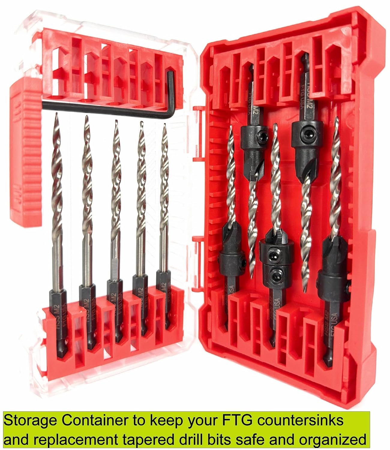 FTG USA 5 Pc #8 (11/64") Countersink Drill Bit Set with 5 Pc Replacement Tapered Drill Bits for Wood in Storage Container
