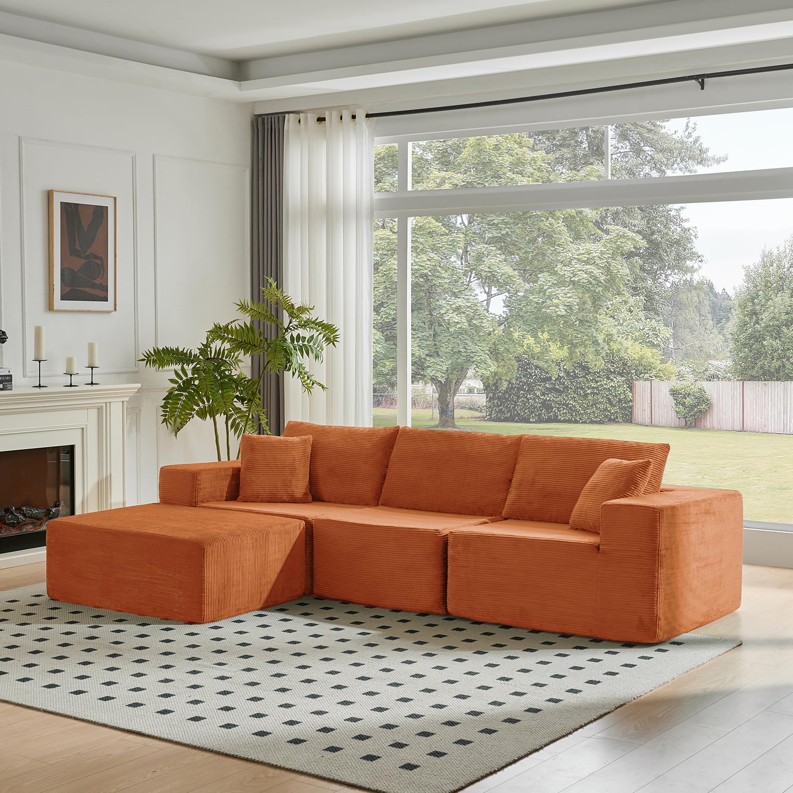 CHOSHOME 275cm Ecksofa mit Schlaffunktion - Big Modulares L-Form Cloud Couch, Cord Boneless Sofa Bed mit Ottomane, 4-Sitzer-Sektionssofas für Wohnzimmer, Keine Montage erforderlich, Orange