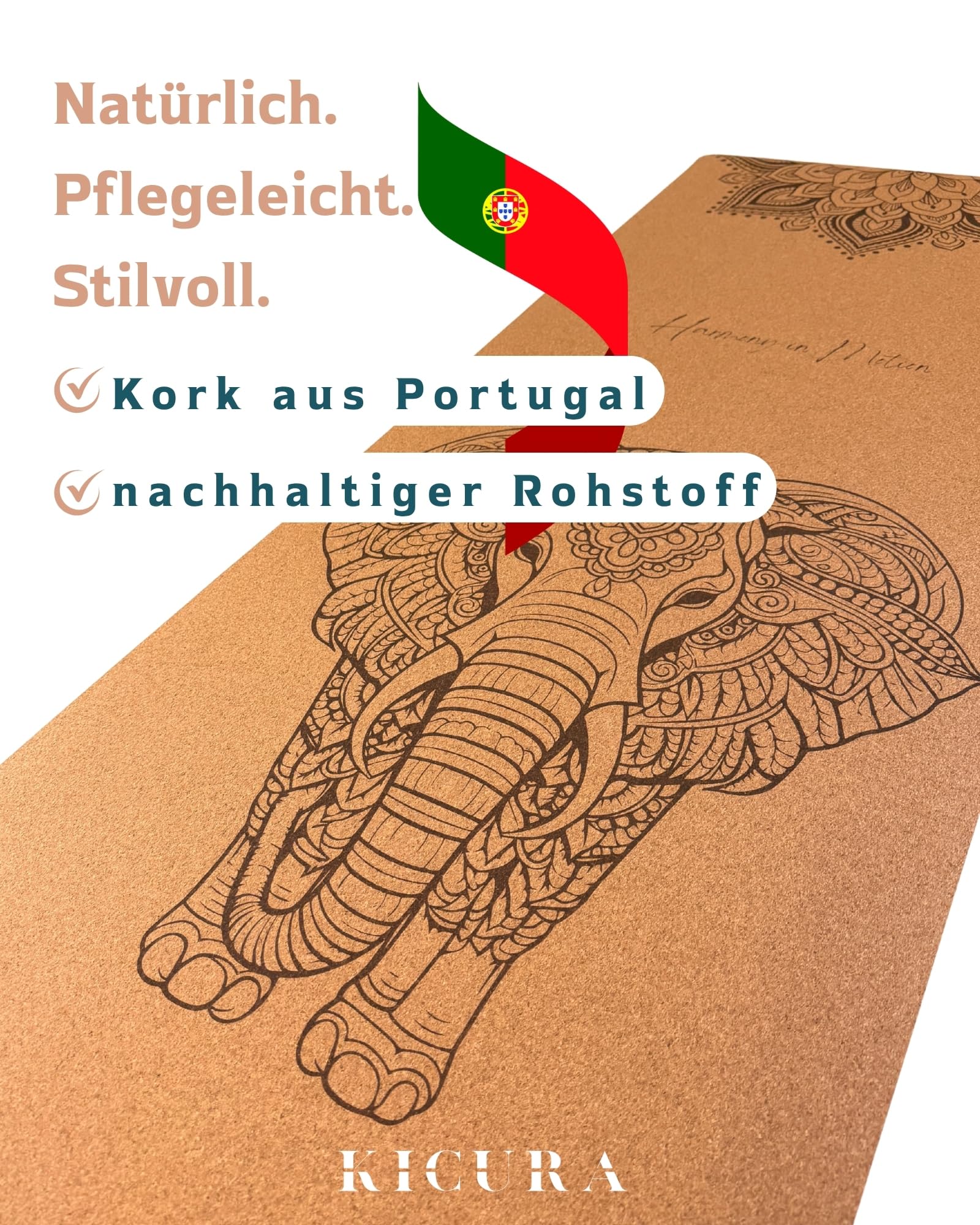 Yoga-Matte aus Kork & Naturkautschuk mit Elefanten-Mandala – rutschfeste Premium-Matte, 4 mm dick, mit Tragegurt, in 3 Größen
