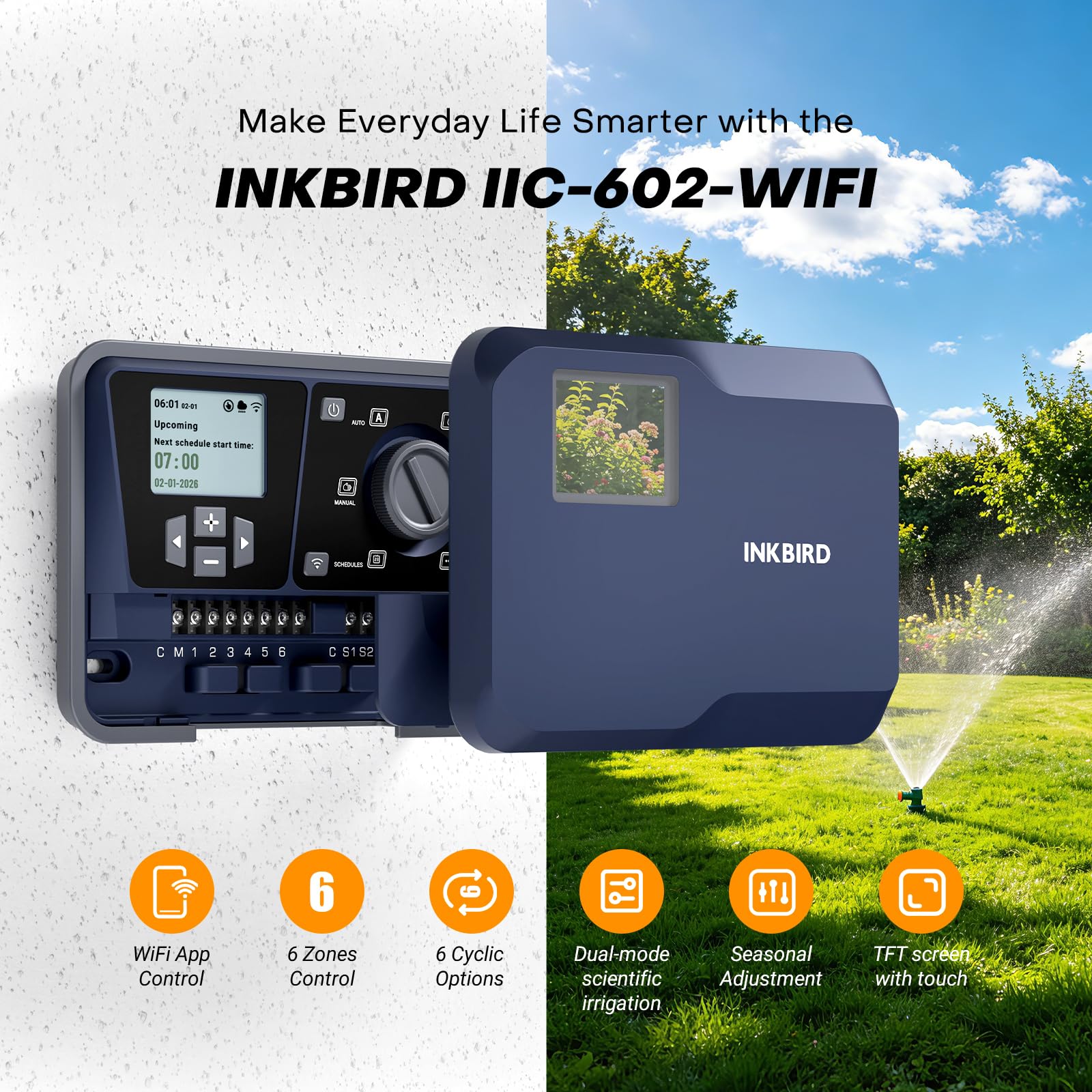 Inkbird IIC-602 Centralina Irrigazione WiFi 6 Zone,16 Programmi di Irrigazione,Funzione Meteo Intelligente per Risparmio Idrico,Supporta Modalità Manuale/Automatica,Centralina Irrigazione per Giardino