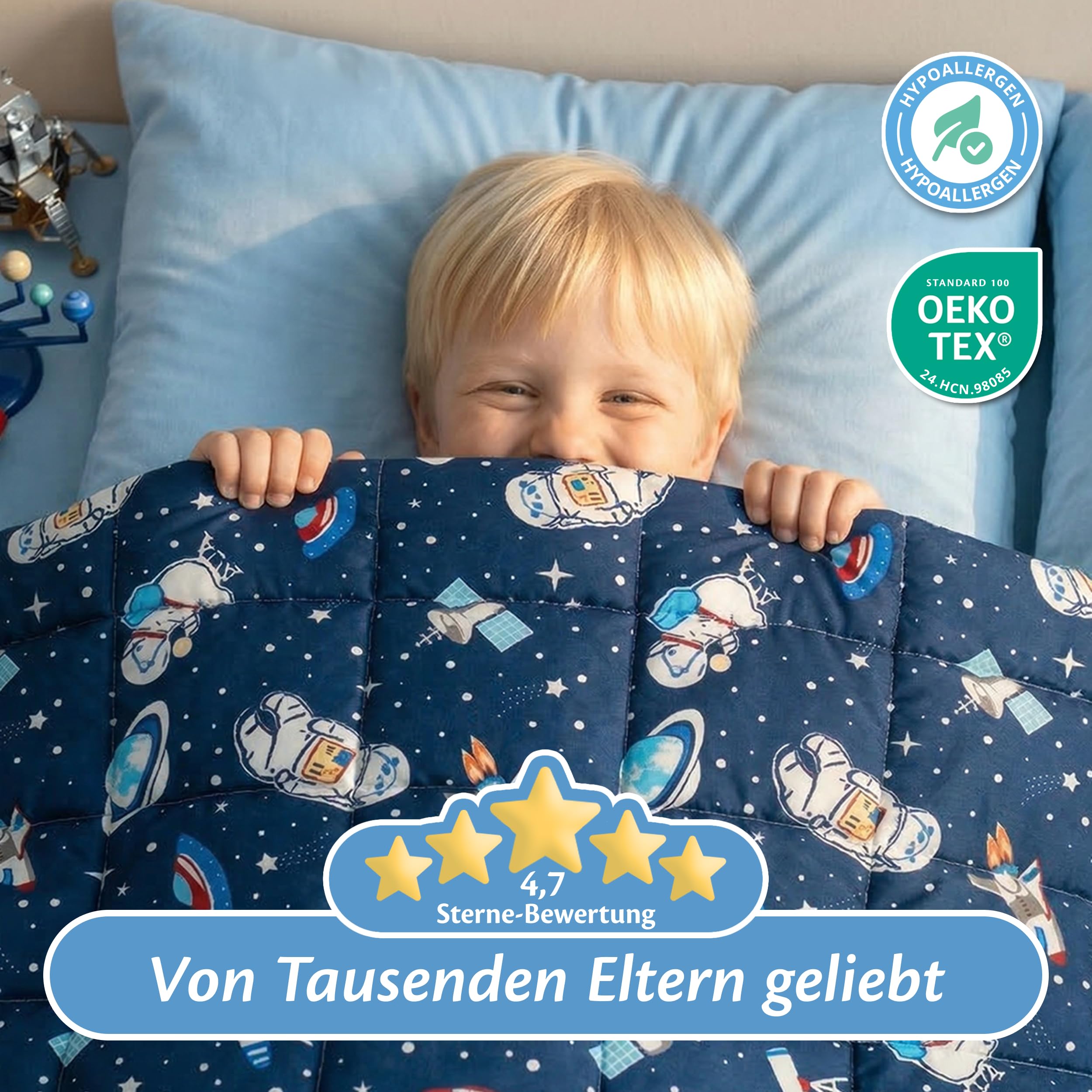 Ella Gewichtsdecke Kinder 3,2 kg 100x150 cm Therapiedecke Hypoallergene Glasperlen Baumwoll-Außenschicht Space
