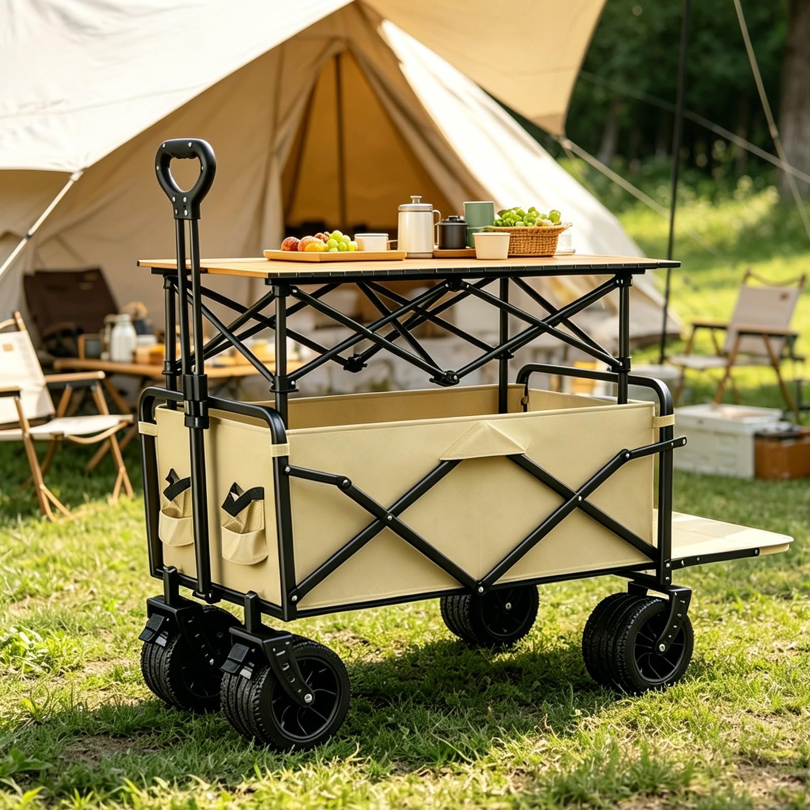 Carrito de Venta Ambulante Plegable, Puesto Portátil para Vendedores de Comida, Ideal para Mercados Callejeros, Ferias y Eventos al Aire Libre(Beige)