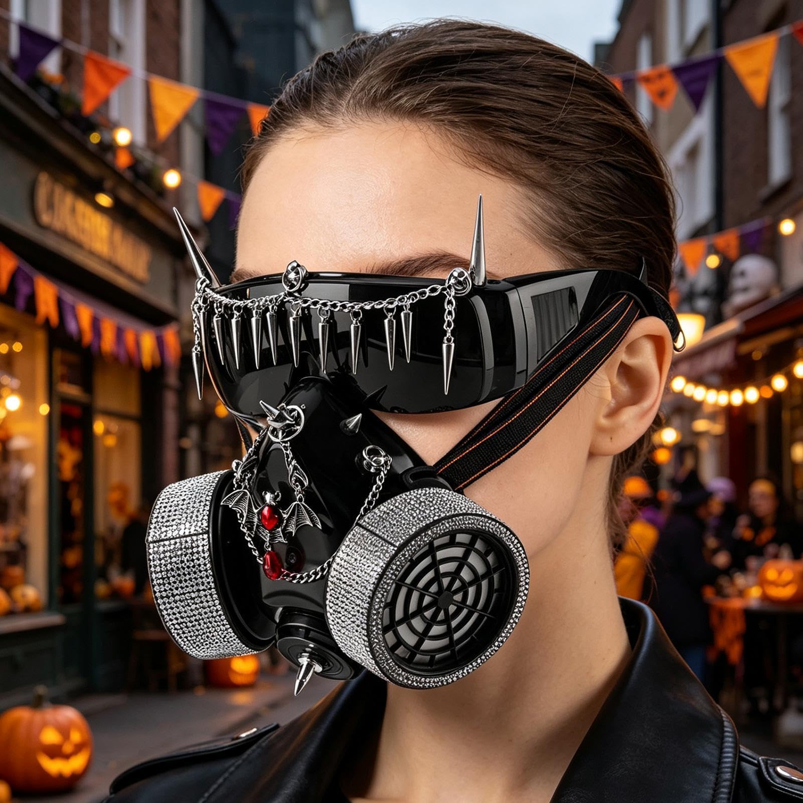 Cosplay okulary ochronne z kolcami łańcuszkowymi akcesoria w gotyckim punkowym | Halloween Party Cosplay Gazowa osłona twarzy dla kobiet i mężczyzn Maskarada, scena, klub, bar, impreza, festiwal muzyczny