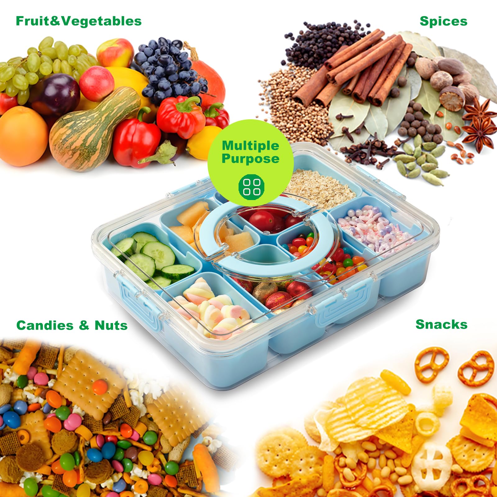 Snackle Box Container,Divided Serving Tray with Lid and Handle,Portable Snack Box Charcuterie Platter,8 Compartments Food Snack Container,Food Storage Organizer for Snacks Fruits Veggies Nut (blue)