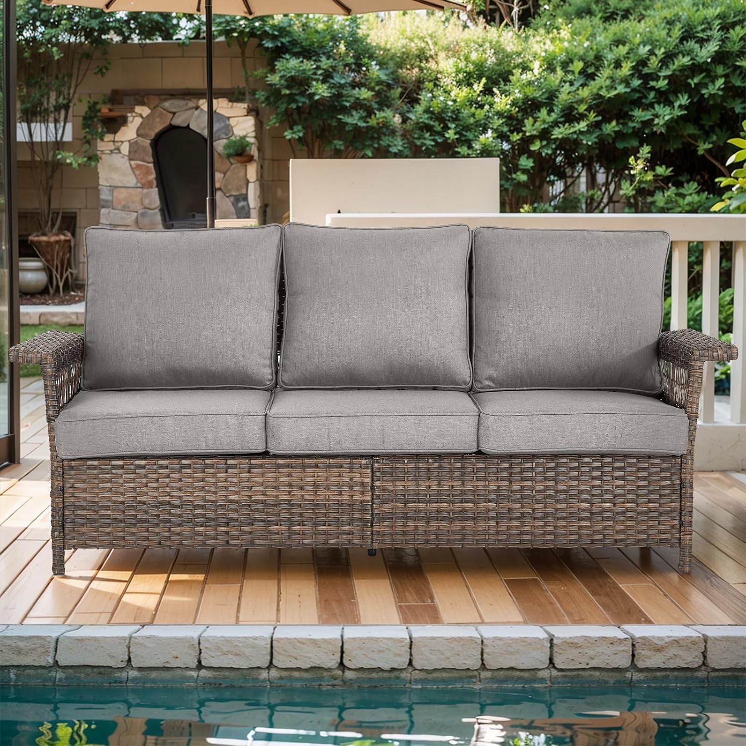 HUMMUH Outdoor Patio Couch - All Weather Rattan Wicker Patio Sofa 3 Seater Outdoor Couch for Deck Porch Balcony Garden-Brown/Grey