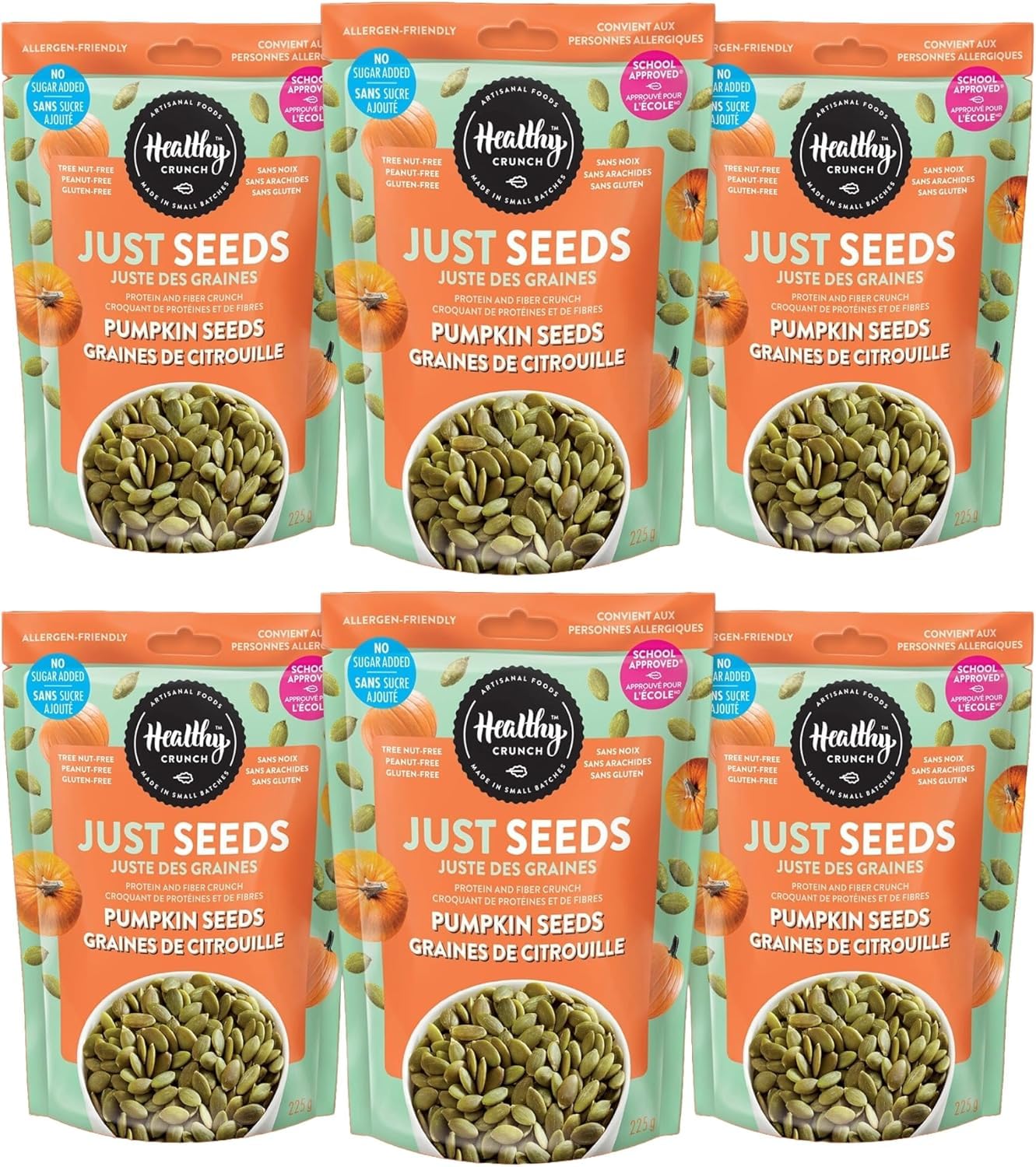 Healthy Crunch - Just Seeds - Pumpkin Seeds 225g x 6 Units - No Added Salted - Raw Seeds - No Added Oil - No Added Sugar - Peanut-Free - Tree Nut-Free - Allergen-Free - Healthy Snacks