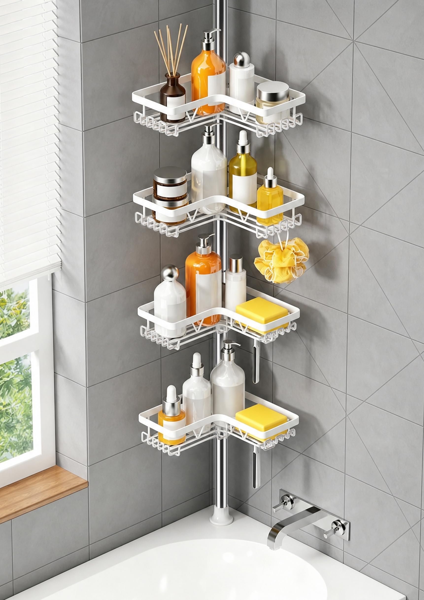 KEGII Telescopic Corner Shower Caddy - Stainless Steel No Drilling Bathroom Shelf with Soap Holder and Hooks (White), for Bath or Stand Up