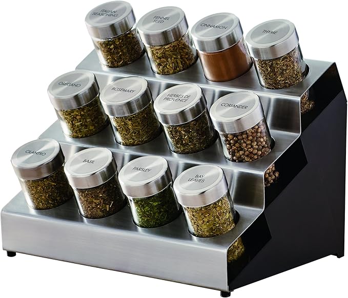 Kamenstein 20 Jar Revolving Countertop Spice Rack with Spices Included, FREE Spice Refills for 5 Years, Polished Stainless Steel with Black Caps, 30020