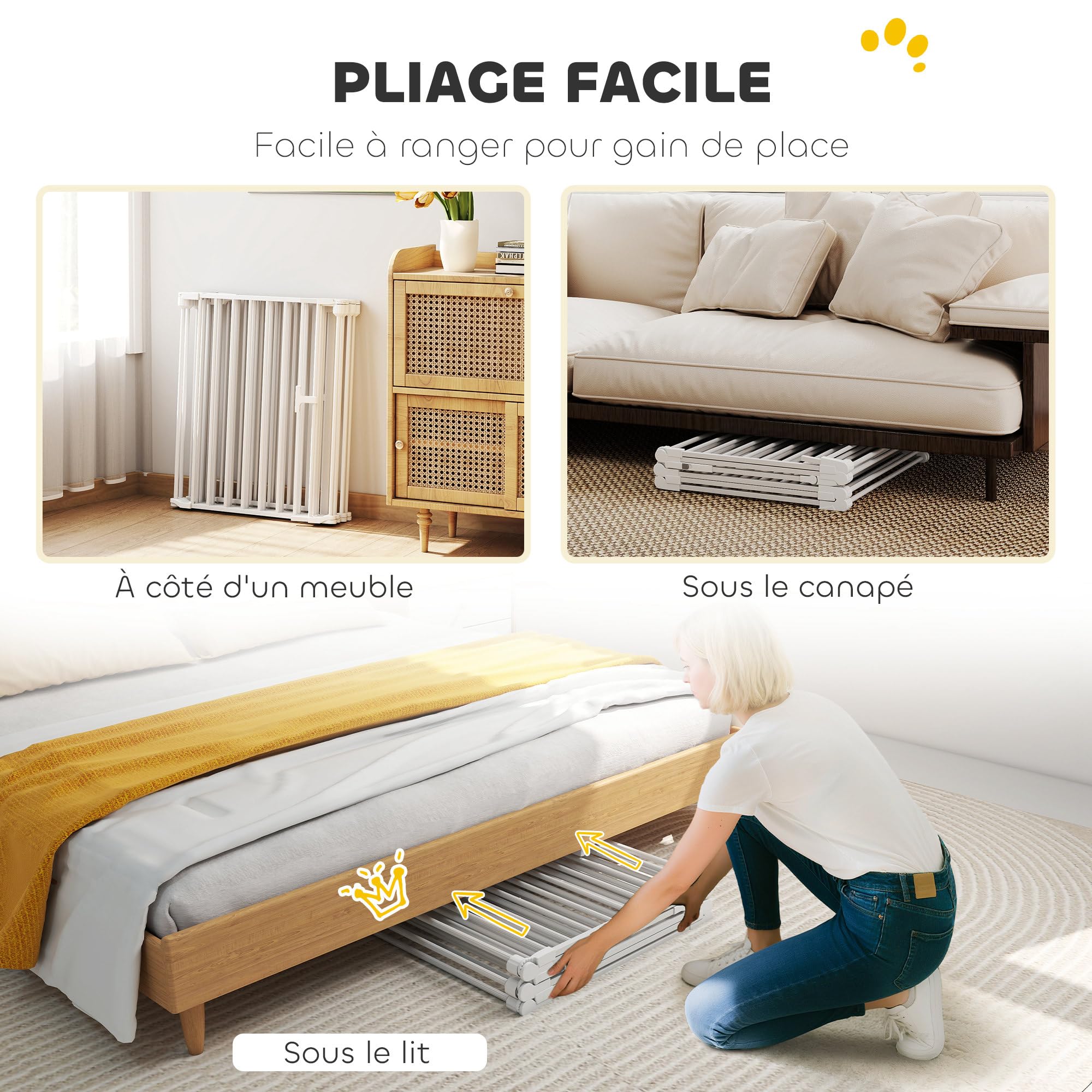 PawHut Barrière de sécurité Pliable et modulable, 366 cm, avec Porte à Double Verrouillage, Parc enclos pour Chien et Enfant, barrière de Protection cheminée en métal, 6 Panneaux, Blanc