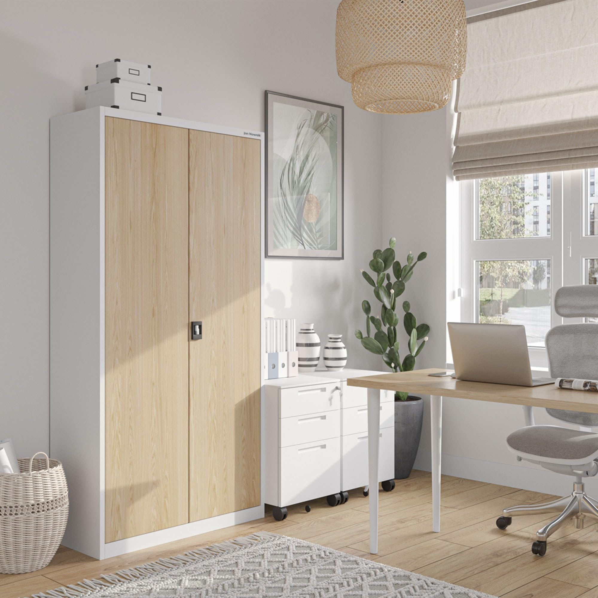 Jan Nowak Armoire de Bureau métallique 4 étagères tôle d'acier revêtement en Poudre 185 cm x 90 cm x 40 cm (Blanc/Imitation Bois)