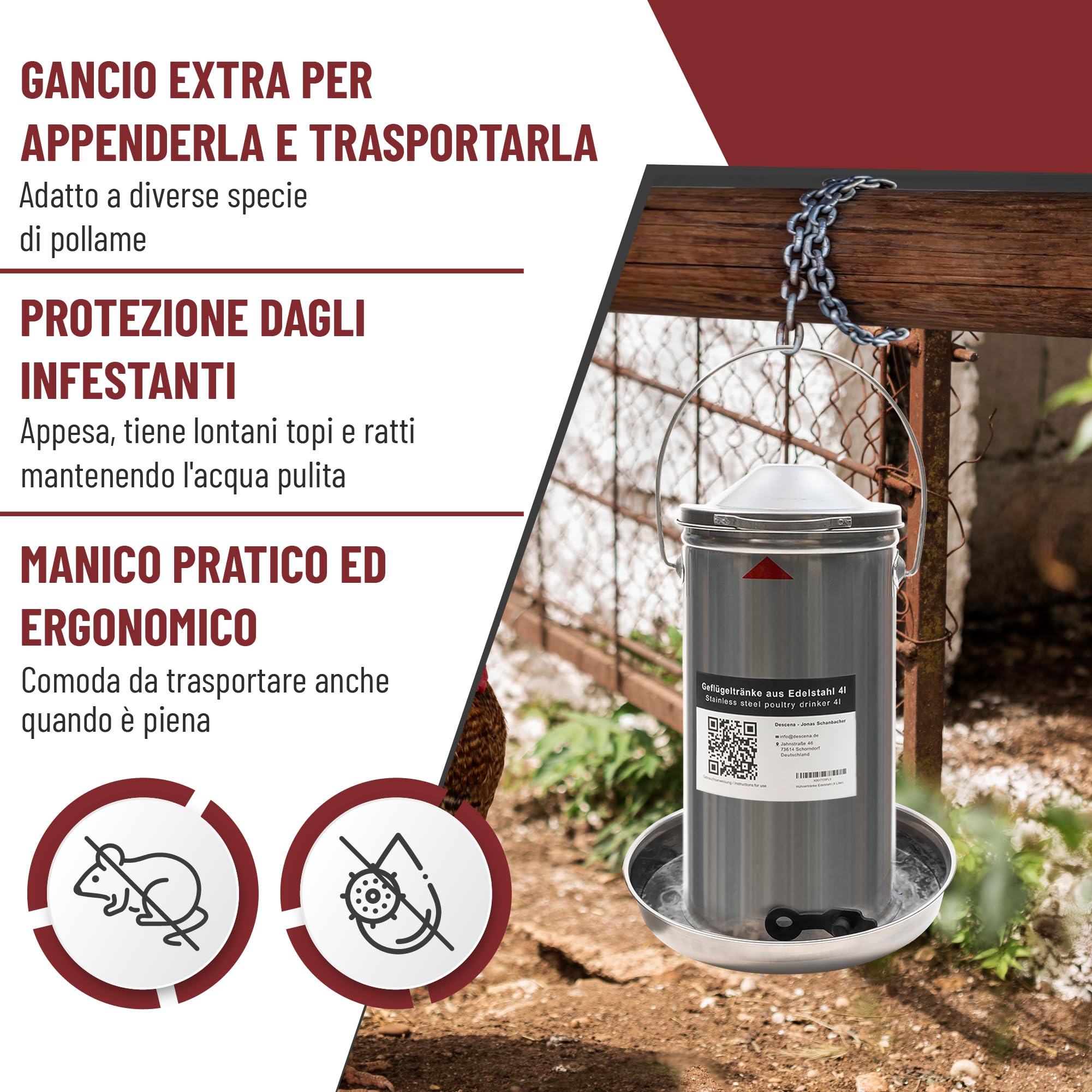 Abbeveratoio per Galline 4L in Acciaio Inox 304 (V2A) – Riempimento dall'alto, compatibile con riscaldatori e piastre riscaldanti, per pollaio
