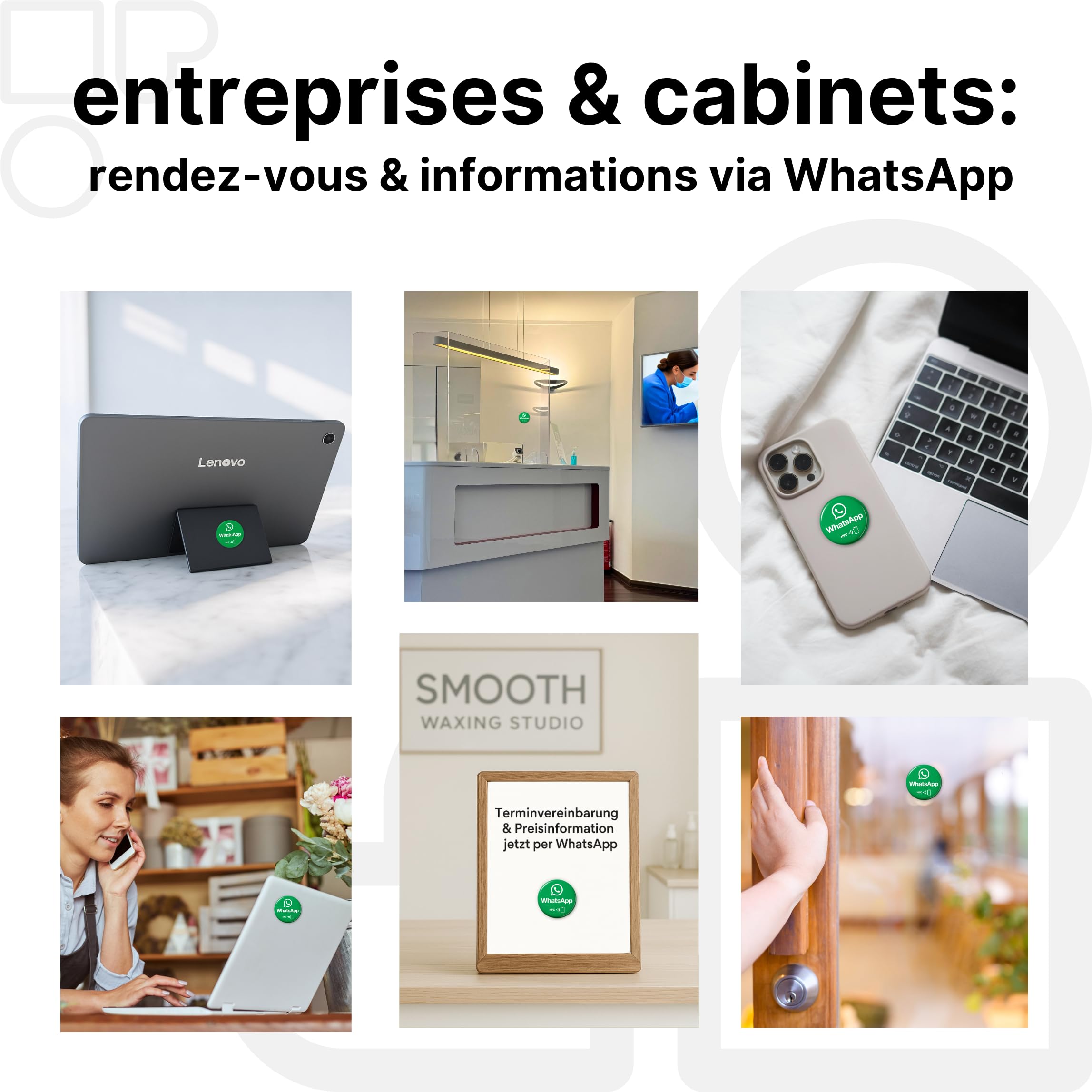Lot de 2 autocollants Whatsapp NFC - Planifier des rendez-vous et partager un contact sans contact - Programmable et réutilisable - 3 cm de diamètre - Autocollant de contact Whatsapp pour cabinet