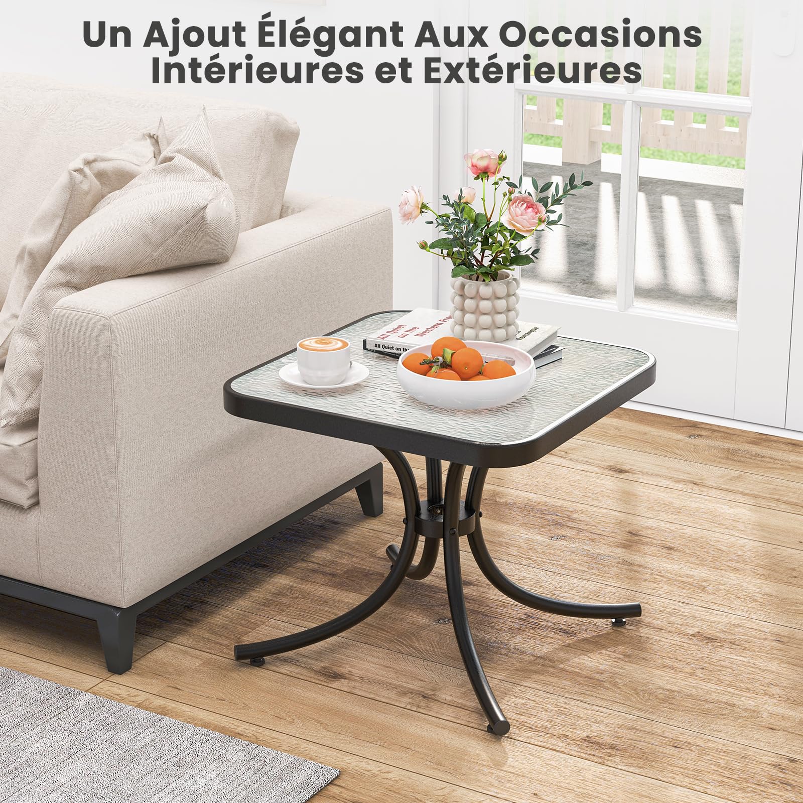 GIANTEX Table Basse Jardin 50 CM, Plateau en Verre Trempé Épaissi, Cadre en Métal Robuste, Charge 100 KG, Table Balcon Extérieur pour Jardin, Balcon, Terrasse, Noir