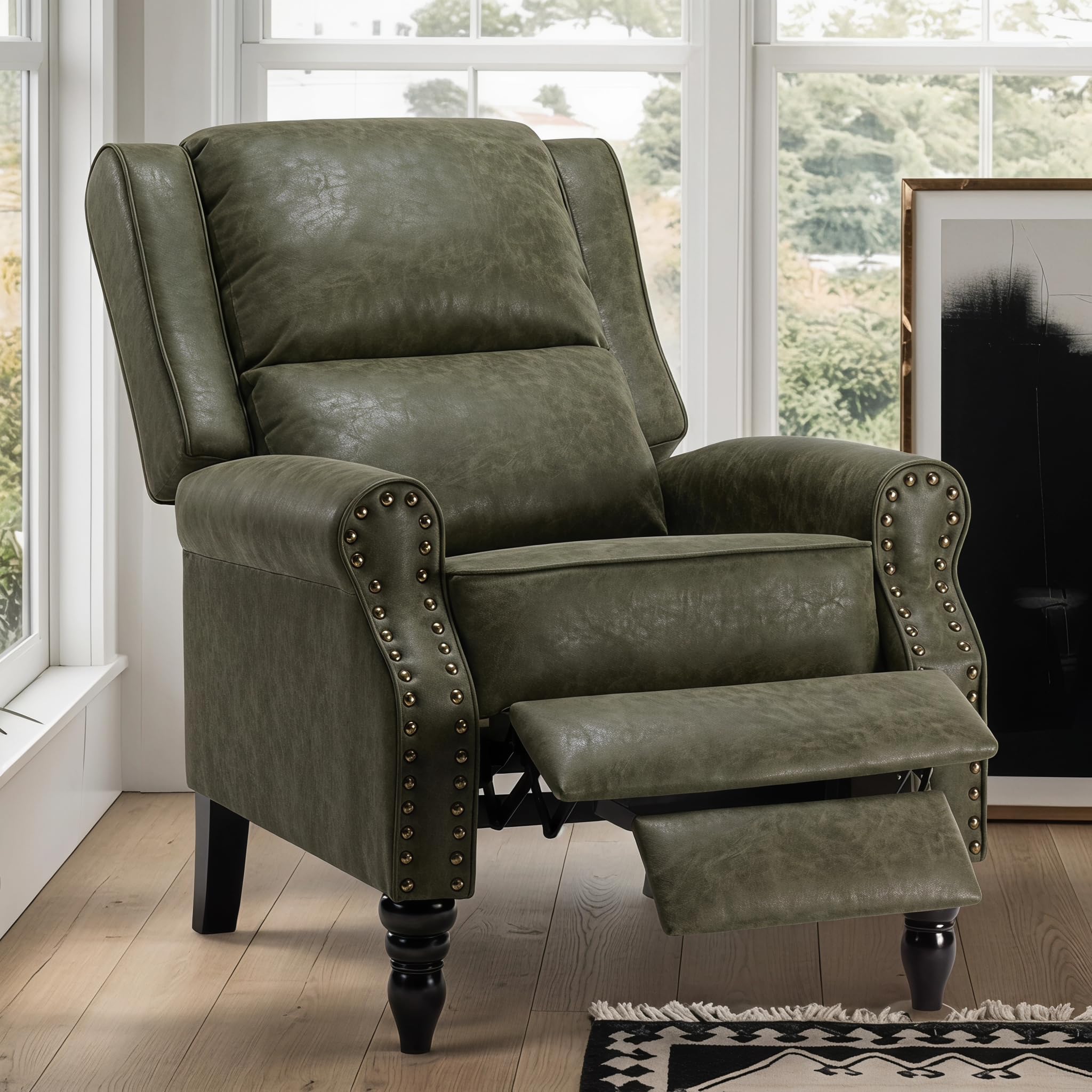 Leather Recliner Chair, Pushback Recliner Chair with Adjustable Backrest Footrest, Mid Modern Reclining with Overstuffed Arms Lumbar Support for Reading, Living Room, Green