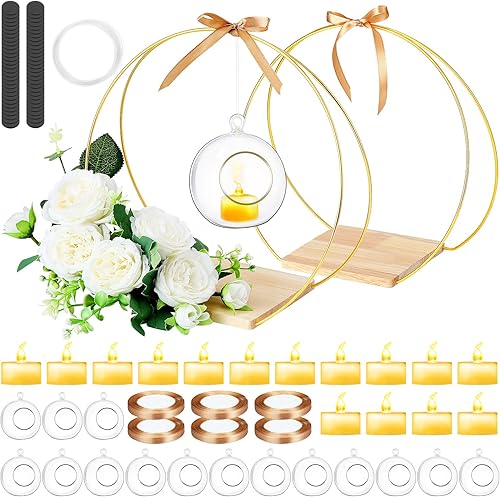 Landhoow 8 juegos de centro de mesa de aro floral de metal con soporte, corona de anillo floral dorado de 12 pulgadas con vela colgante LED, centro