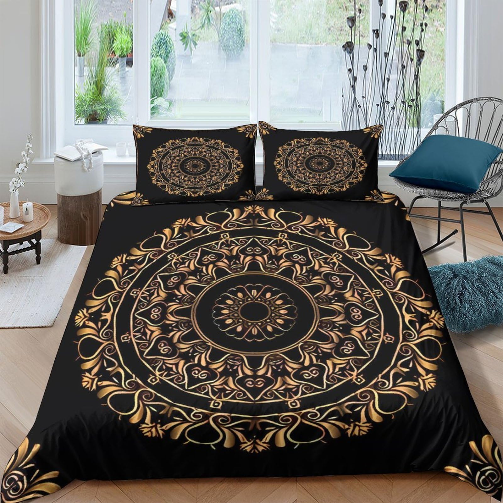 Ctjqhvkz Style-1 3D Printed Mandala Bohemian Fitted Sheet Microfiber Soft Black Gold Floral Mattress Cover For Bedroom Guest Room Dorm Decor Single（135X200cm）