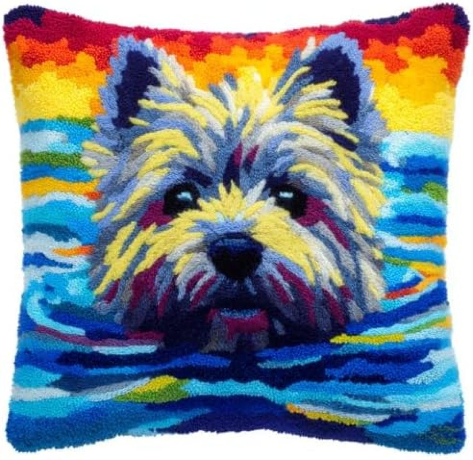 kitphoenix Latch Hook Cushion Cover Kit for Adults Beginners,Cairn Terrier Dog Swimming Seaside,43x43 cm DIY Craft Kit with Pre-Printed Canvas,Pre-Cut Yarn and Hook