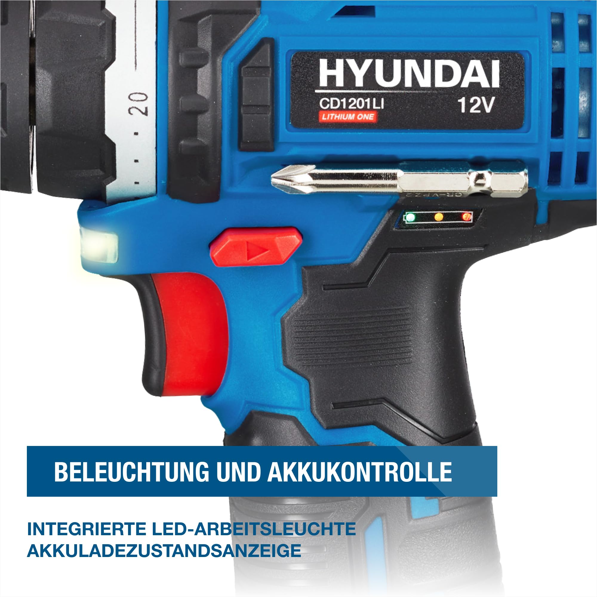 HYUNDAI Akkuschrauber CD1201LI SET, Akkubohrschrauber 12V, Akkubohrer, Bohrmaschine im Koffer mit 1 x 2.0Ah Akku, Schnellladegerät, inkl. 13-teiligem Zubehör