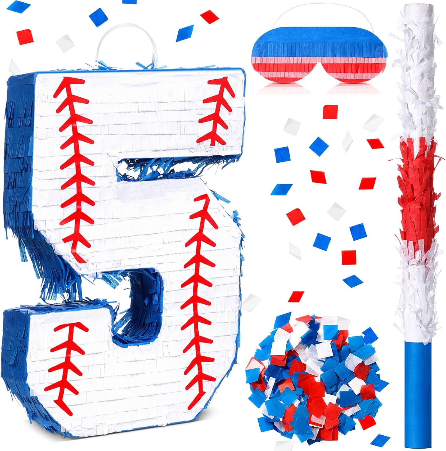 HyDren Baseball Piñata Baseball Party Decorations Number Piñata with Bat, Blindfold and Confetti, 16 Inch Sports Themed Birthday Party Supplies for Celebration Events(Number 5)