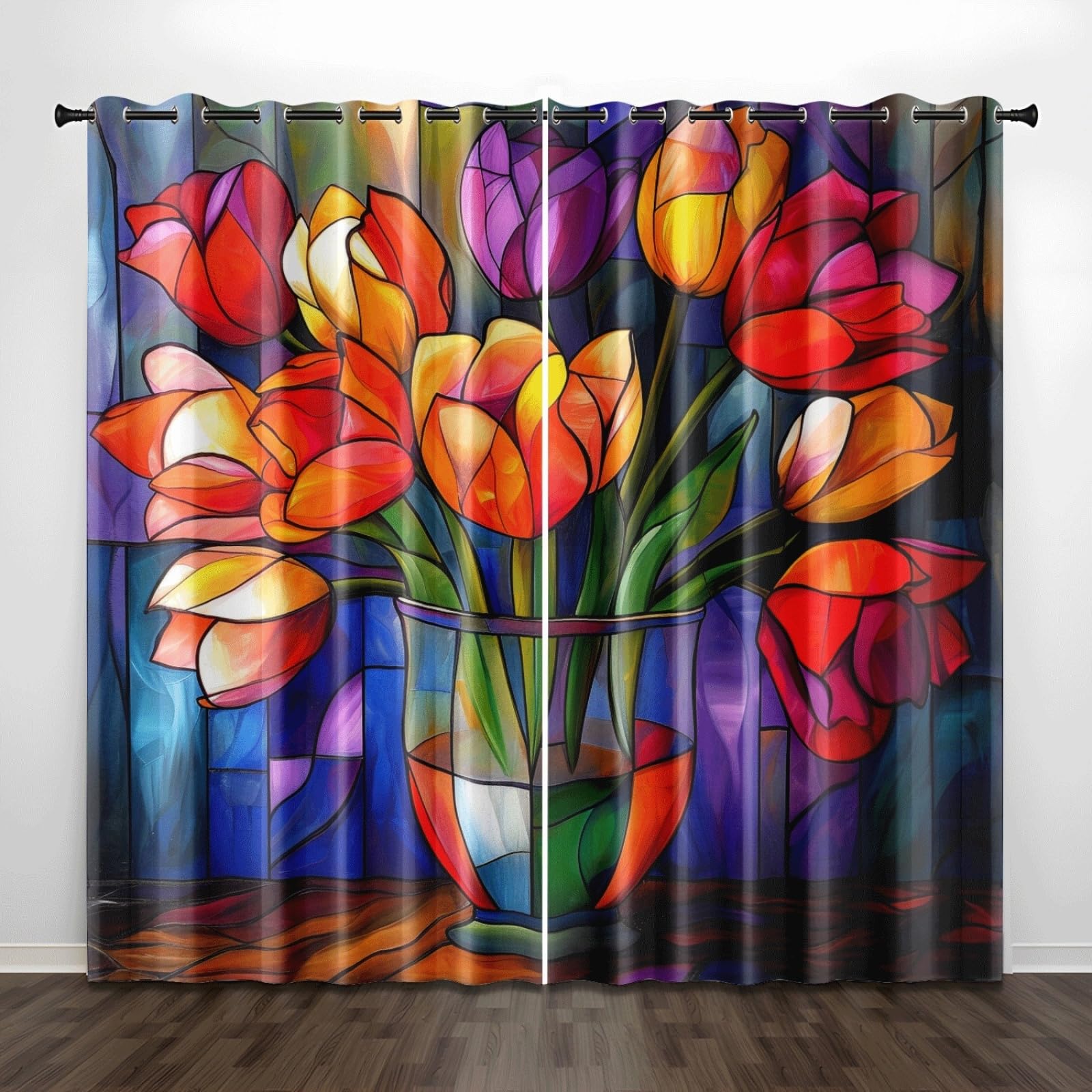 Vorhänge Rote Gelbe Blumen Vorhang Blickdicht Polyester Gardinen mit ösen Thermovorhang 2er Pack Curtains Living Room Schlafzimmer Waschbar Verdunkelungsvorhang (2x110x215 cm)