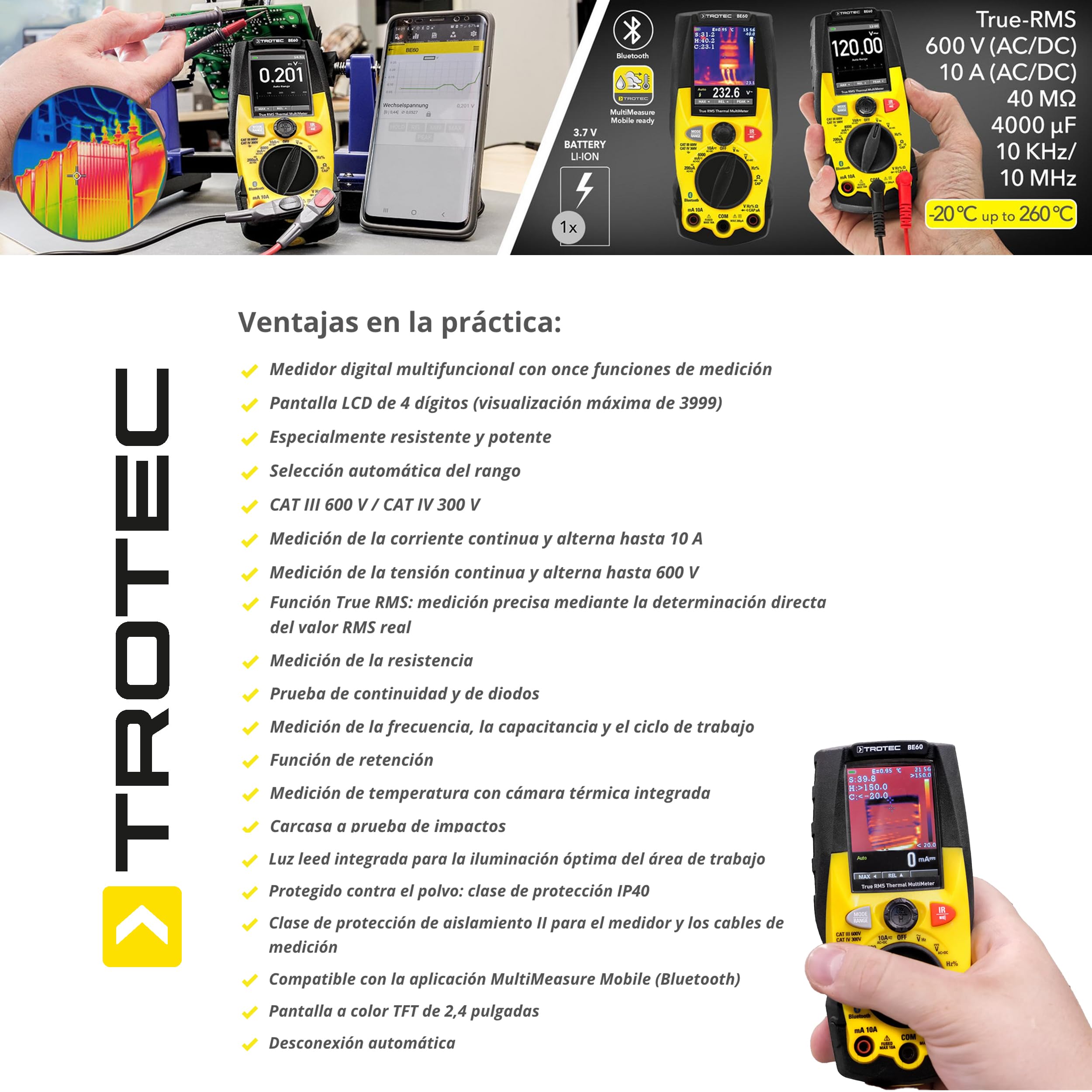 TROTEC Multímetro digital True RMS con cámara termográfica integrada BE60 | once funciones de medición aplicación para smartphone Bluetooth