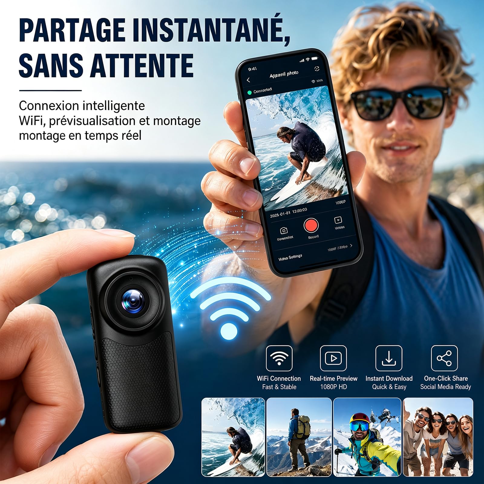 Caméra d'action magnétique portable 1080p HD avec objectif grand angle de 110 degrés et batterie de 1000 mAh pour promenades avec animaux de compagnie, travail, voyage, enregistrement en plein