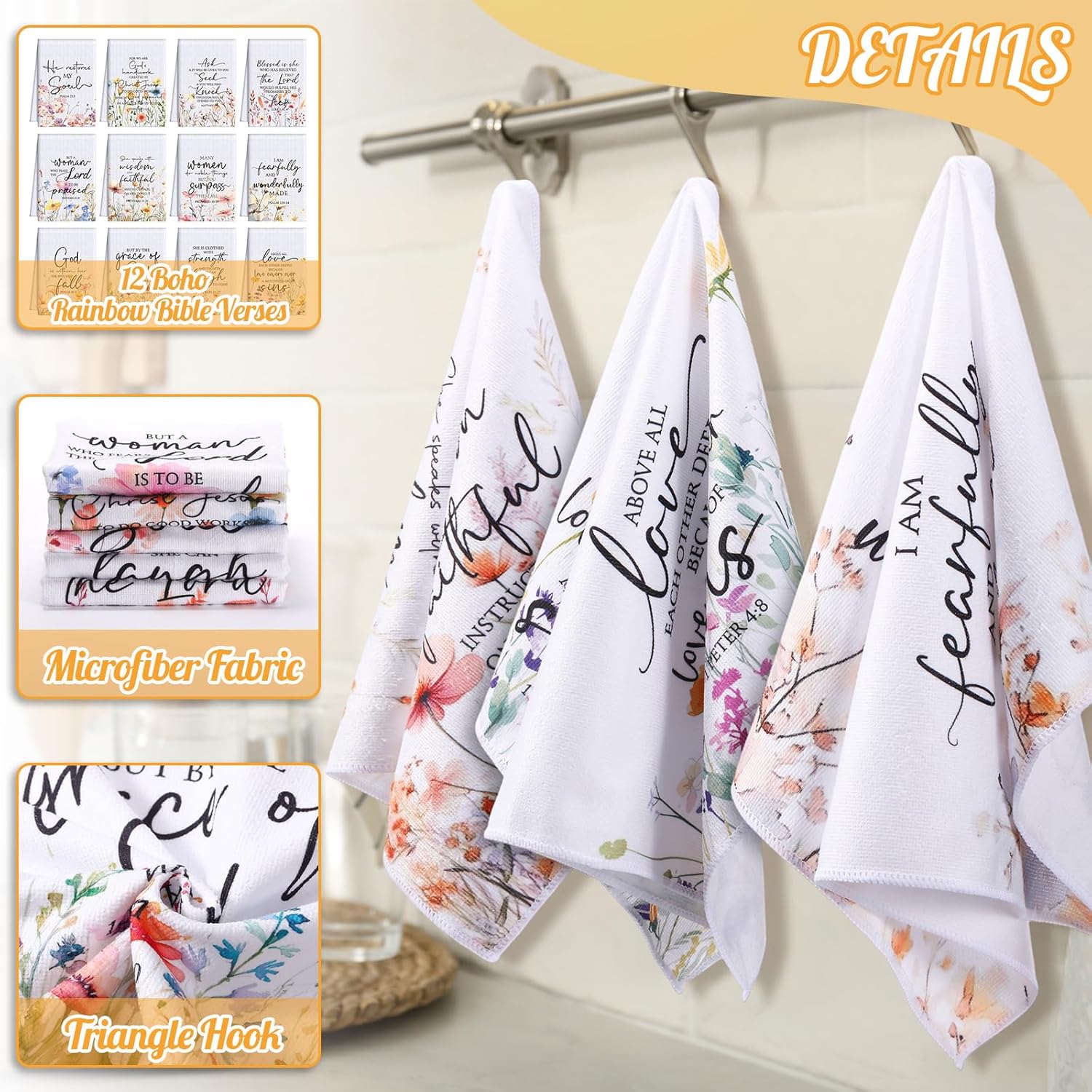 FuWeave 12 Pcs Mother's Day Religious Christian Kitchen Dish Towel Christian Gifts for Women Men Bible Verse Dishcloth Absorbent Scripture Tea Towel for Housewarming(Watercolor,Wildflower)