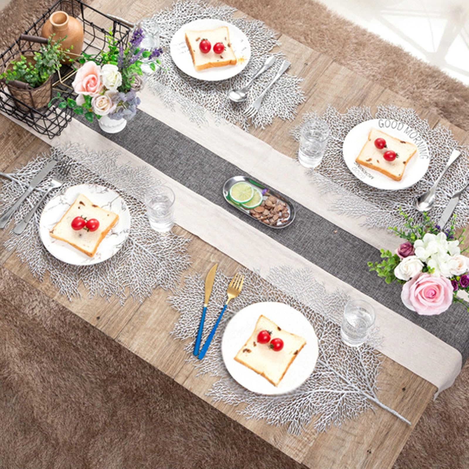 Set di 10 Tovagliette Colazione, Tovaglietta Impermeabile per Cucina PVC a Forma di Foglia Cava, 37x57 cm