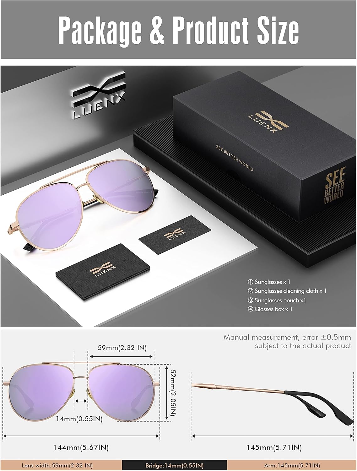 LUENX Aviator Sunglasses for Women Men Polarized Lens Trendy Sun Glasses - UV 400 Protection 60MM with Accessories Driving - Image 5