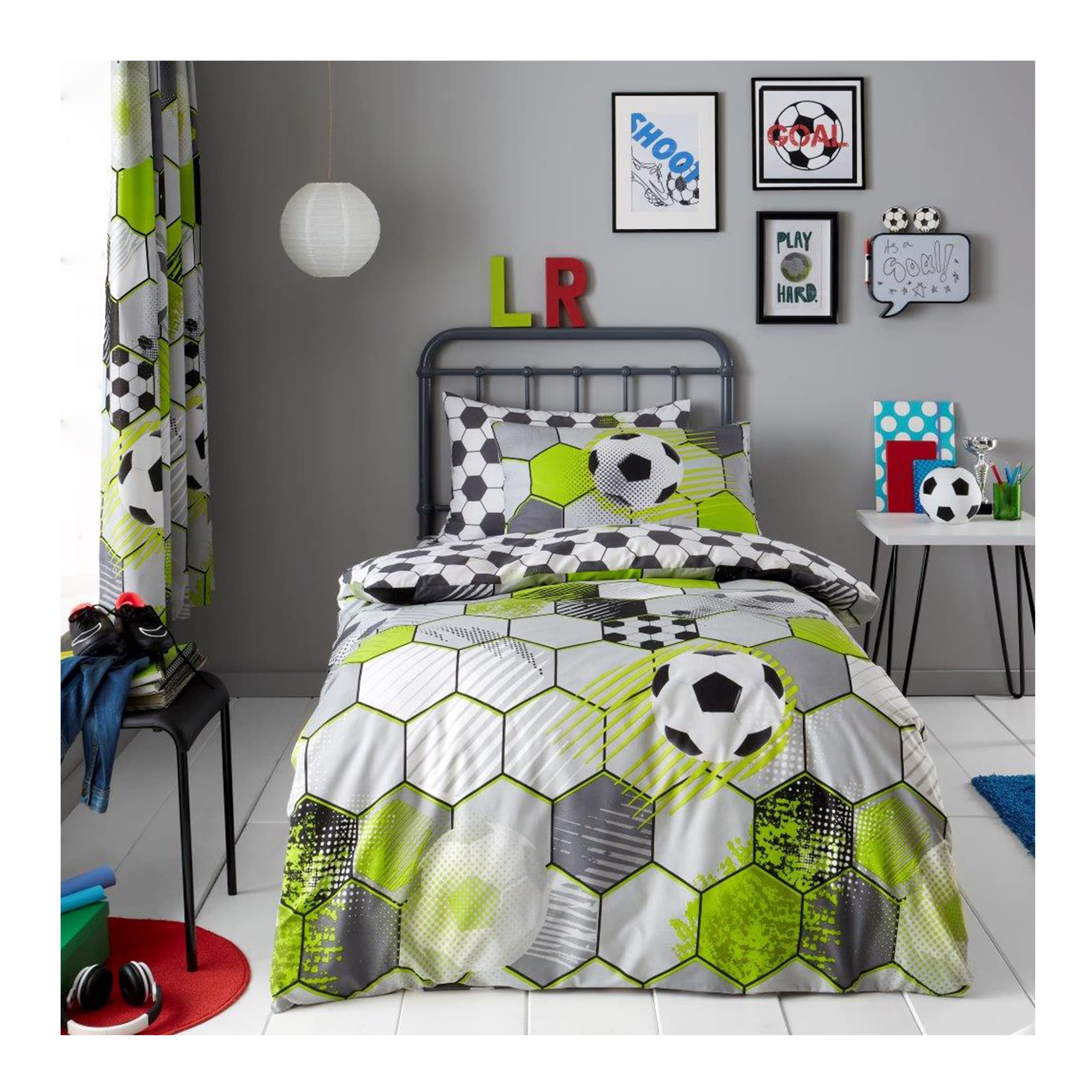 Fairwayuk Boys Stamp Grey Single Duvet Cover Set, Reversible Quilt, Kids Bedding Set With Pillow Case, Poly-Cotton, Easy Care, 137X200cm