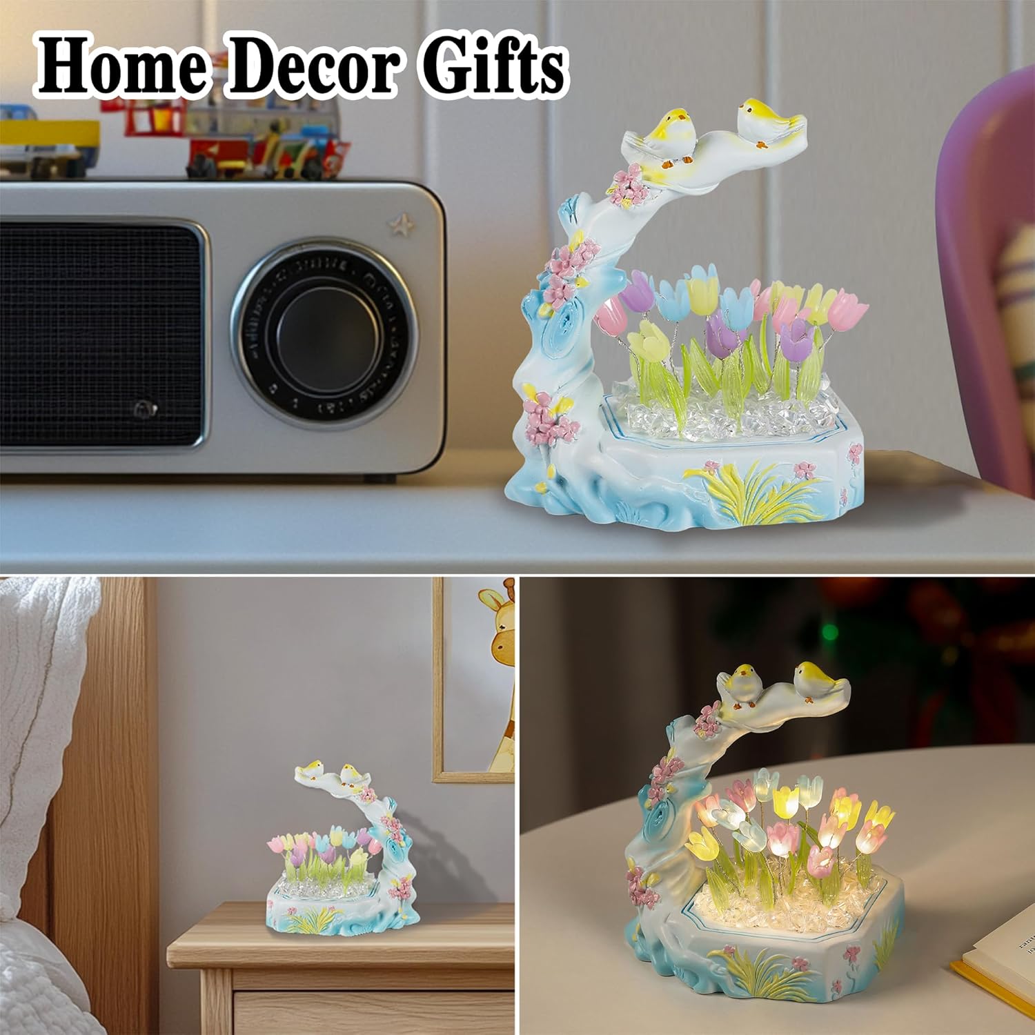 Handmade Tulip Flower Lamp for Womens Gifts, Resin Decorative and Bird, Best Christmas Anniversary Birthday Gifts, Perfect Ideal for Bedroom Ambiance Charming