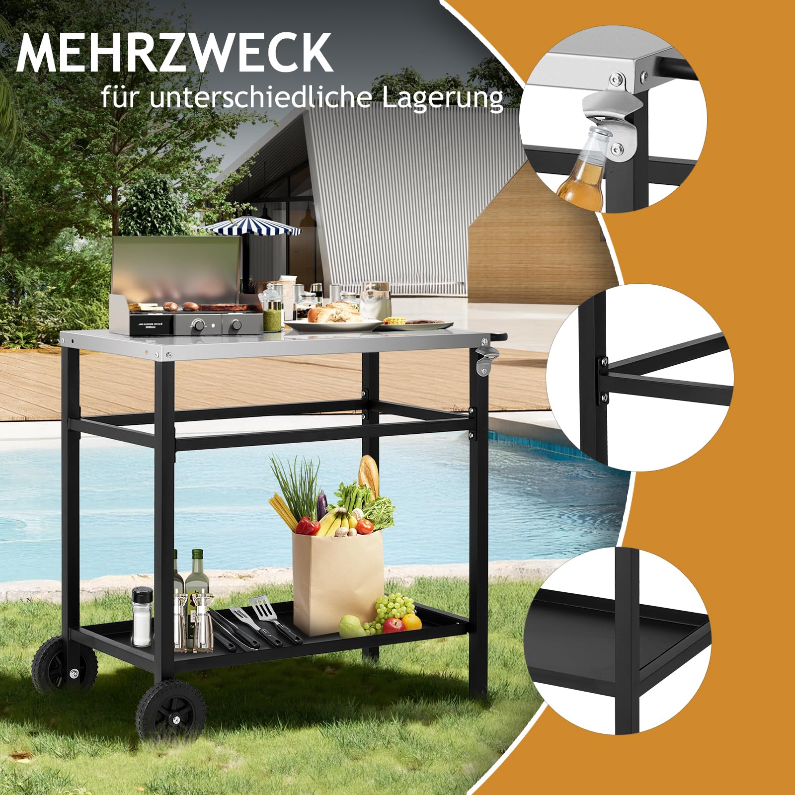 LEADZM Grillwagen - Grilltisch Outdoor, 95 x 45 x 83 cm, Schreibtisch aus Edelstahl Silber, Mit Rädern, mobil, Servierwagen für Gärten Schwarz