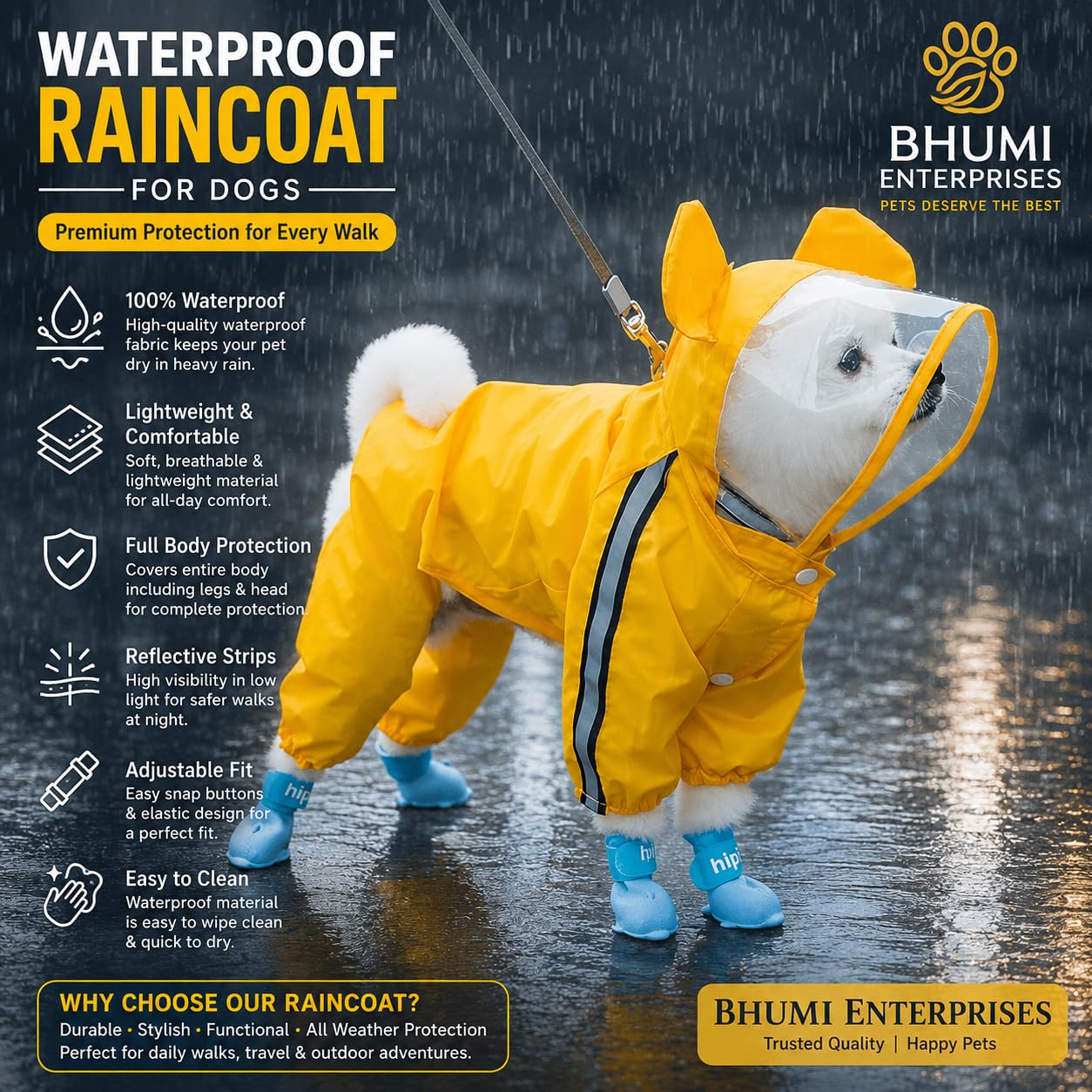 Dog Raincoats Rain Snow Coats Waterproof Clothing (4 Four Legs) Raincoat Full Cover Dogs Hooded Transparent (with Decorative Hooded Ears) (Yellow, 16,) 1