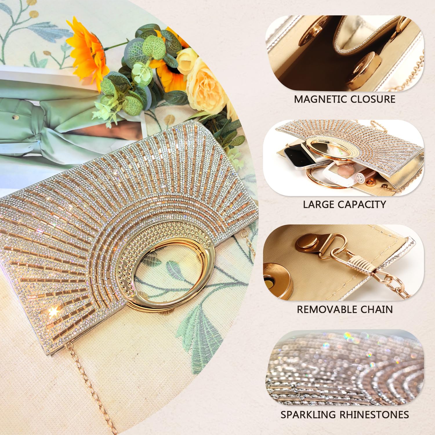 Pahajim Abendtasche Damen Glitzer Kleine Tasche mit Strass Elegant Clutch Umhängetasche für Hochzeit Party Date