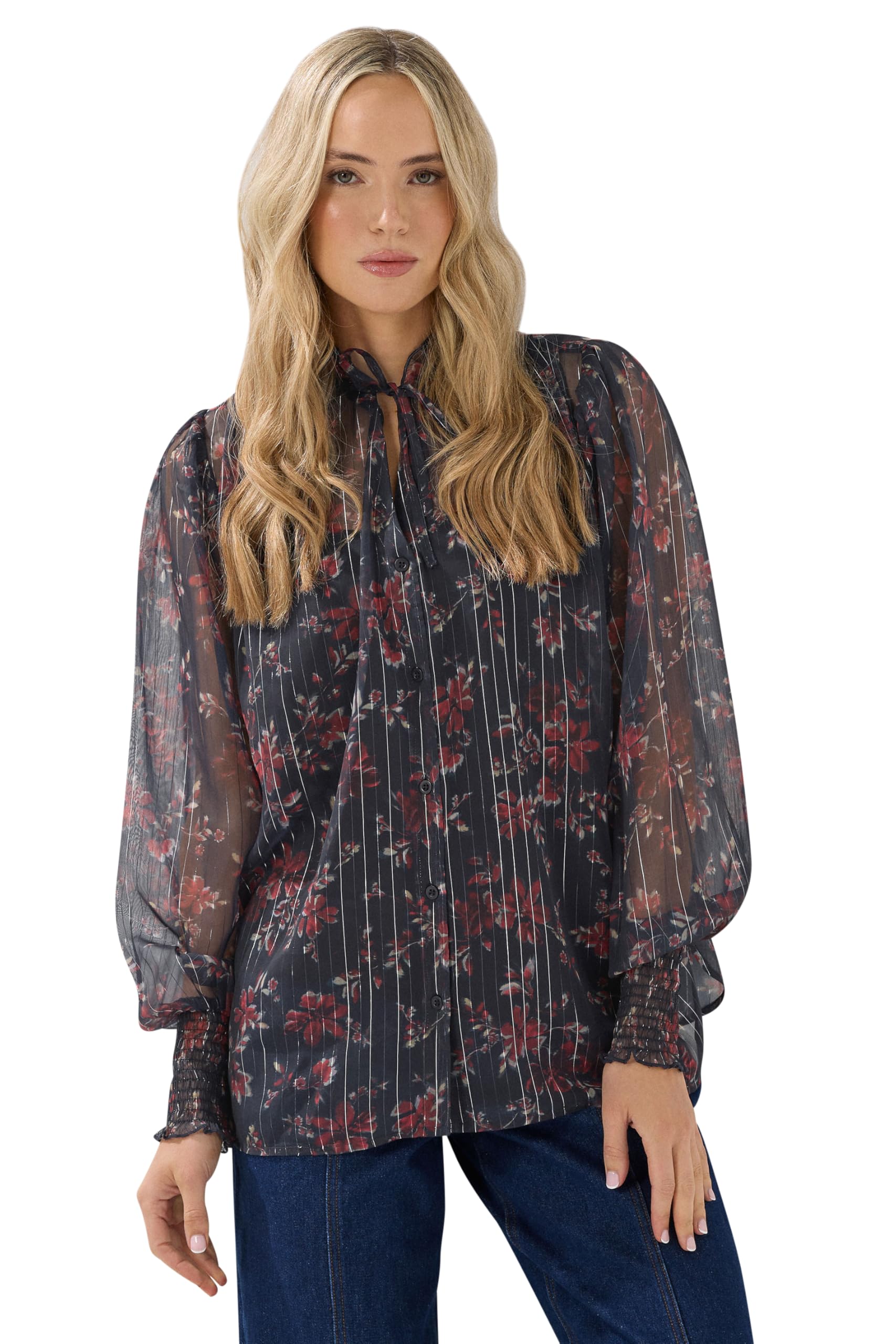 Lts Women's Blue Tall Navy Floral Print Frill Neck Blouse Size 16