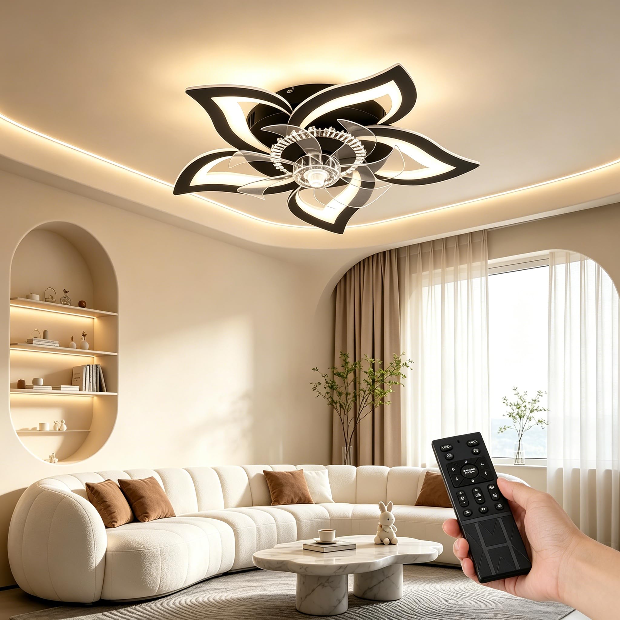 Panana Flower Ceiling Fan with Light, 6 Speed Quiet Fan Light, 3 Color Dimmable LED Bedroom Fan Light, Timer & Night Light, Remote & APP Control Ceiling Fan Lamp for Living Room (Black)