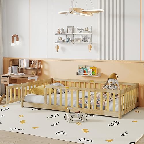 Miniatura 113 de Harper & Bright Designs Cama de suelo tamaño Queen con valla y puerta, marco de cama Montessori de madera para niños, niñas, listones incluidos, no