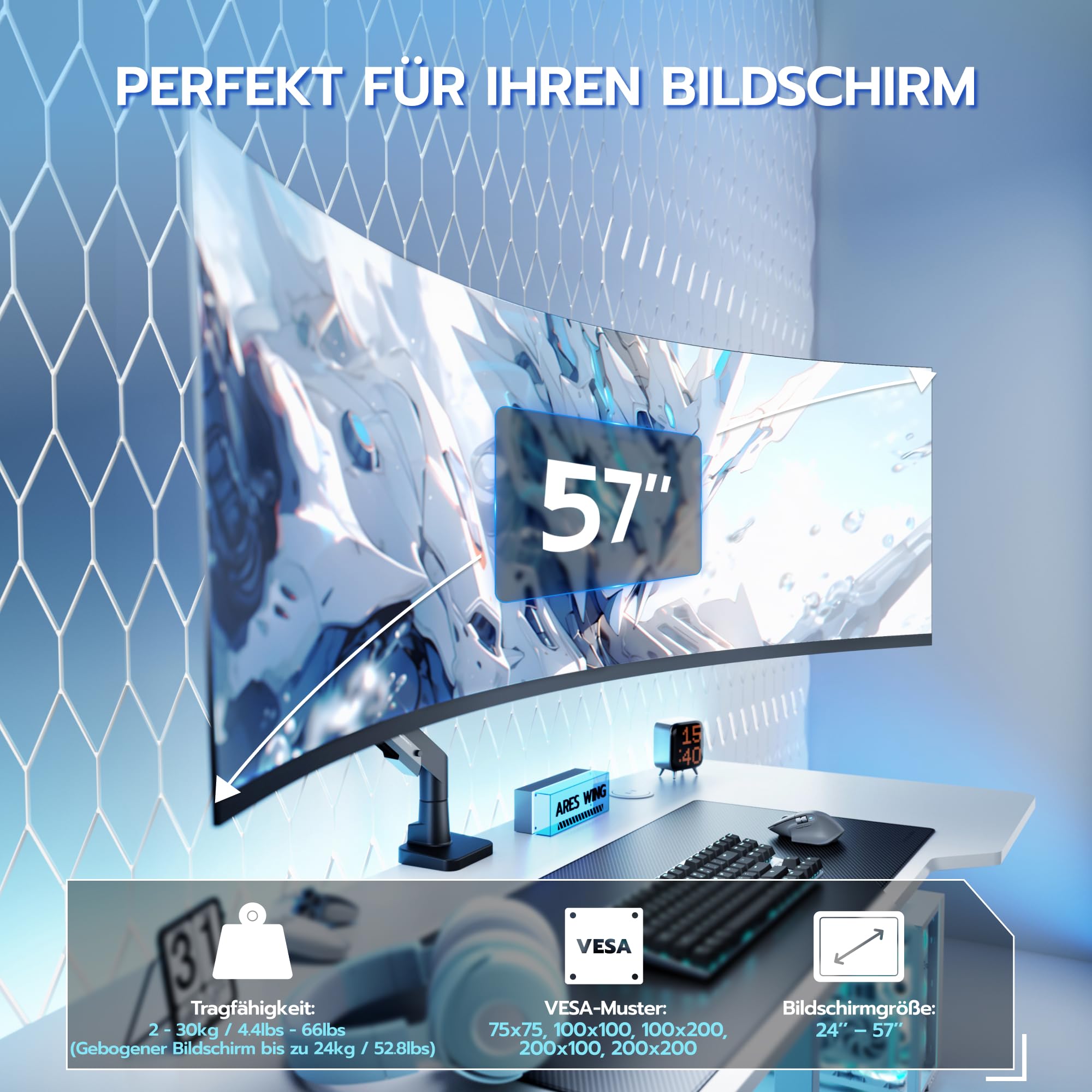 ARES WING Monitor Halterung für 24-57" Bildsch, Schwarz | Monitor Arm mit Gasfeder, Monitor tischhalterung bis 30 kg, VESA Max bis 200x200
