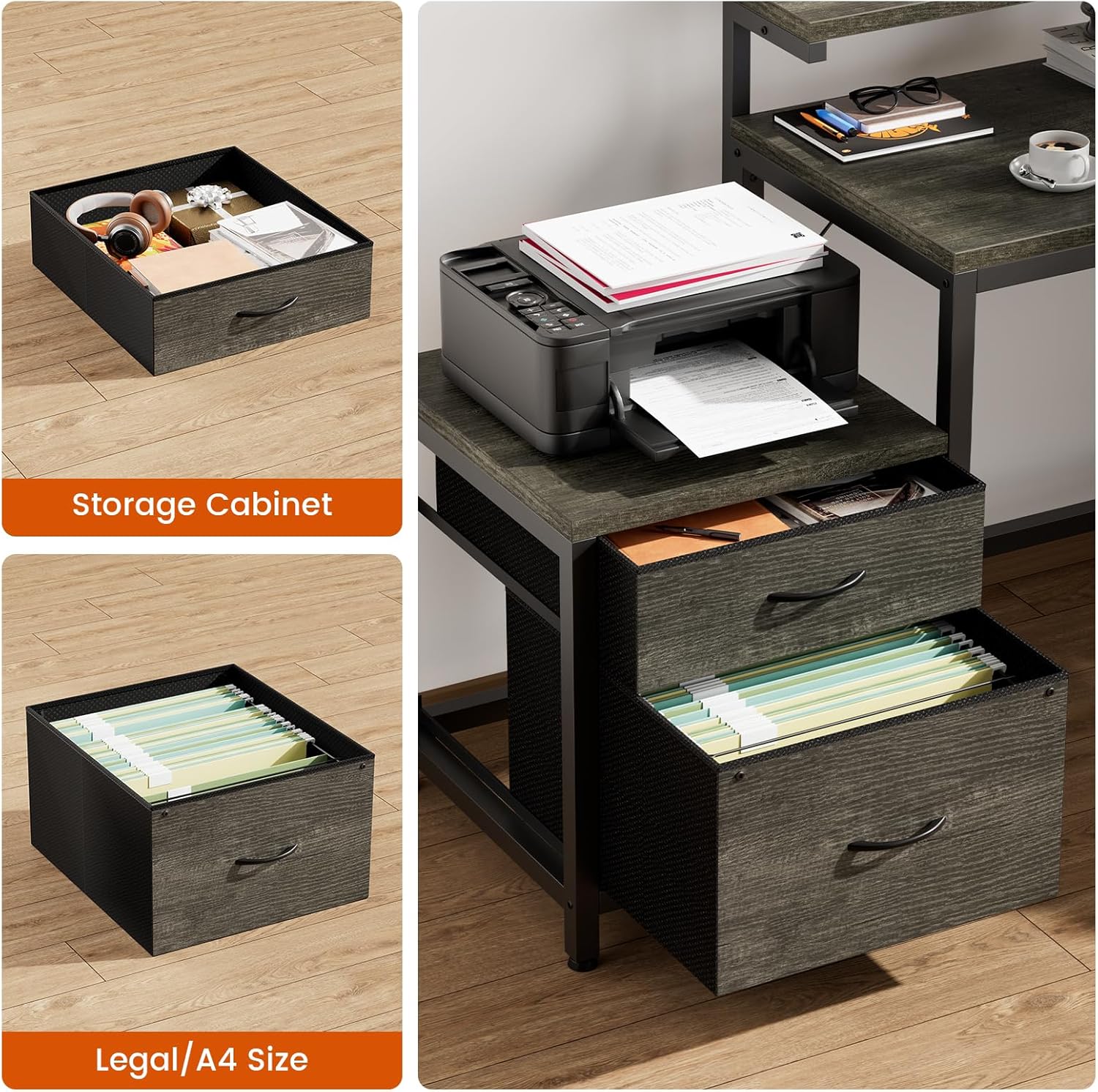 REAHOME 70 Inch L Shaped Desk with File Drawers and Reversible Storage Shelves, Computer Desk with Power Outlet & LED Strip, Home Office Desks, Bookshelf Desk, Writing Study Desk for Bedroom, Grey Oak