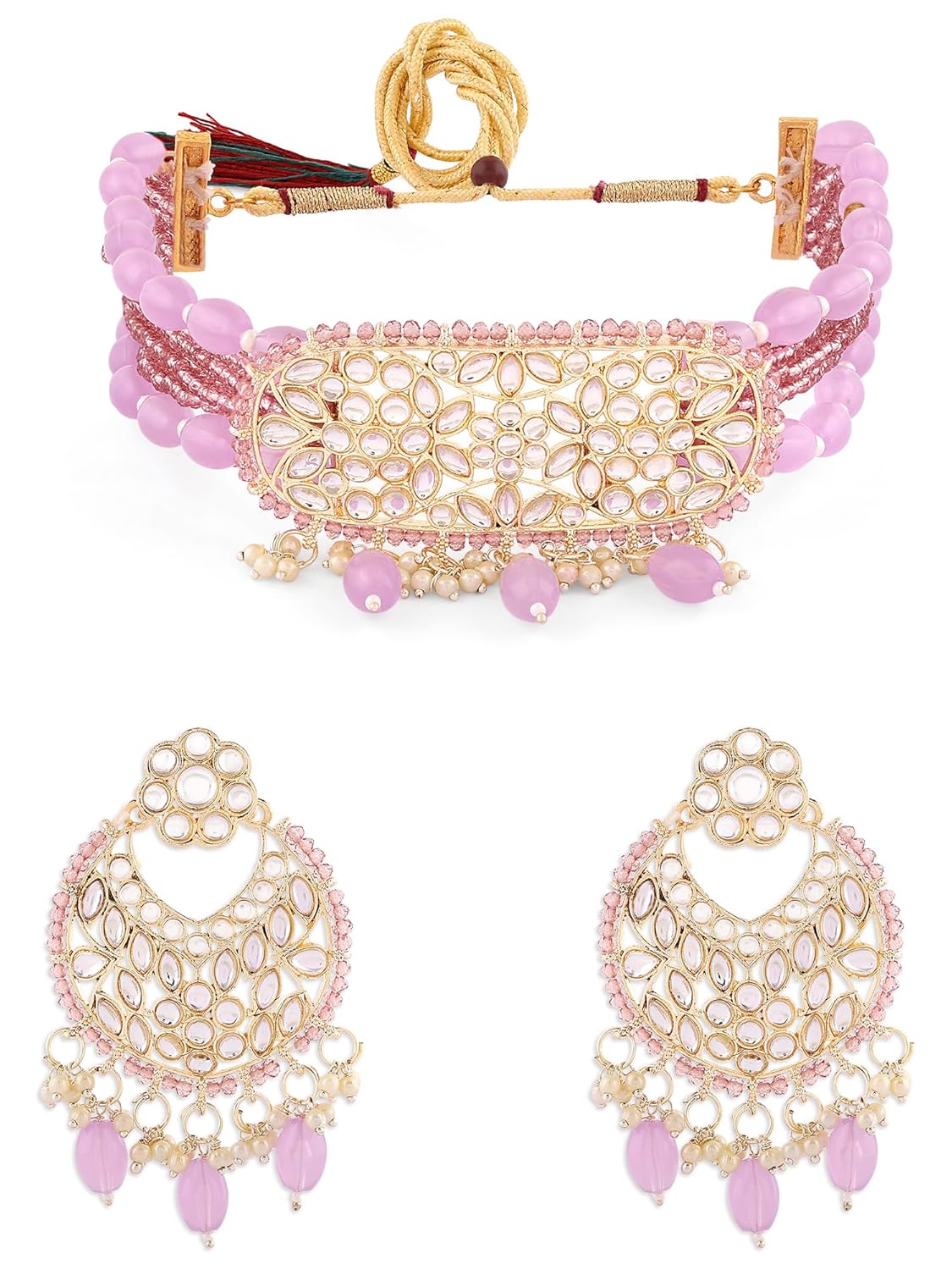 ZAVERI PEARLS Purple Multistrand Crystal Kundan & Artificial Beads Choker Necklace & Earring Set For Women-ZPFK18833