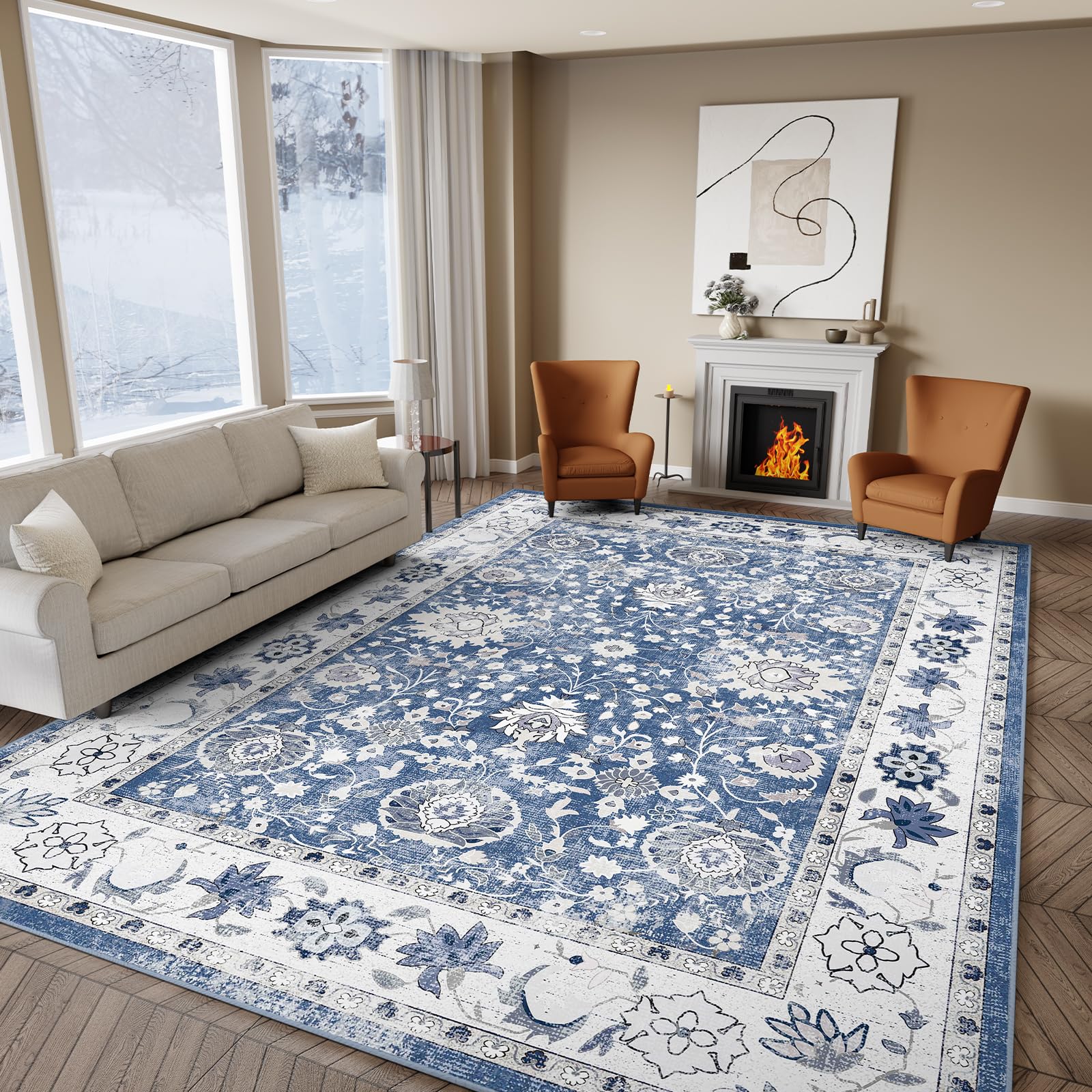 IKALIFE Tappeto Salotto Lavabile Lavatrice - Tappeto Soggiorno Vintage Tappeto Pelo Corto Tappeto Grande Tappeto Camera da Letto, Morbido Antiscivolo per Sala, Pranzo 200x300 cm Blu