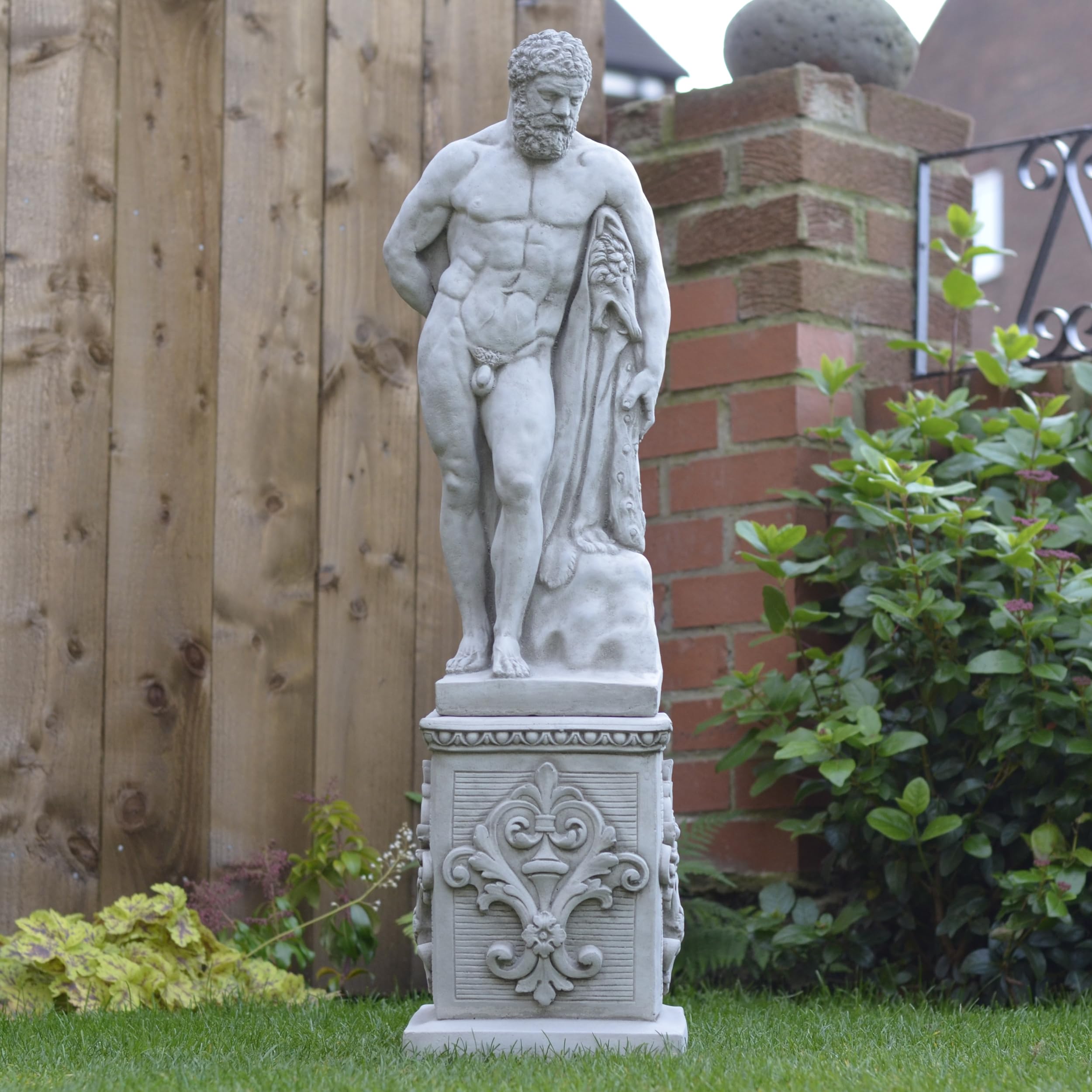 ONEFOLD Large Hercules on Column, Stone Garden Statue Ornament and Garden Sculpture Hand Cast