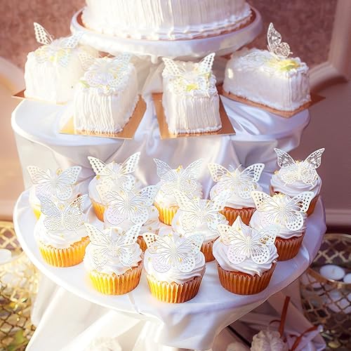 Miniatura 7 de Gyufise Paquete de 36 adornos de mariposa 3D con láser plateado para cupcakes, decoración hueca para cumpleaños, boda, fiesta de hadas, calcomanías