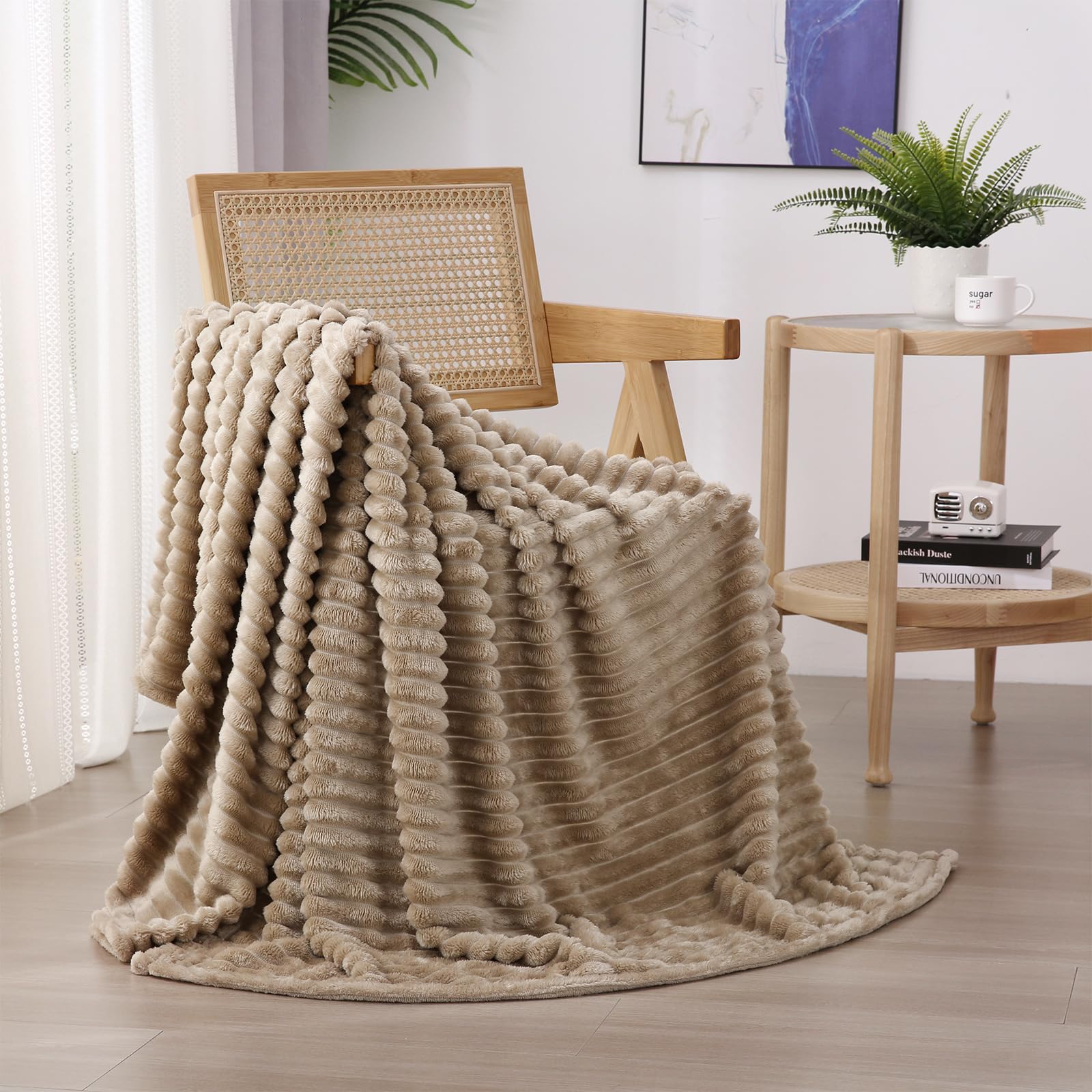 Linecooo Tan Fleece Throw Blanket 60”×80” for Couch Sofa Bed,Super Soft Cozy Plush Microfiber Flannel Blanket with Stripes Design Lightweight for Adults,Woman,Girls