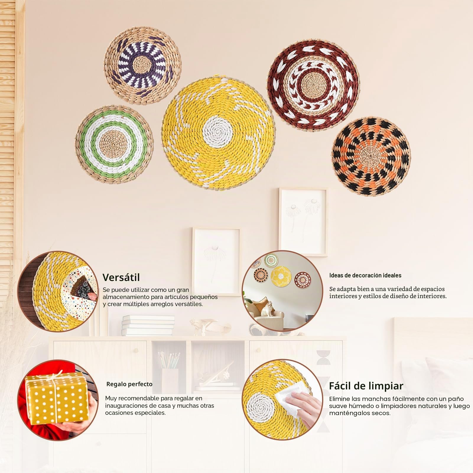 MOTUZP Cestas de Pared Tejidas Boho, Juego de 5 Cestas de Pared Tejidas Hechas a Mano, Decoración de Pared de Ratán para Sala de Estar o Dormitorio