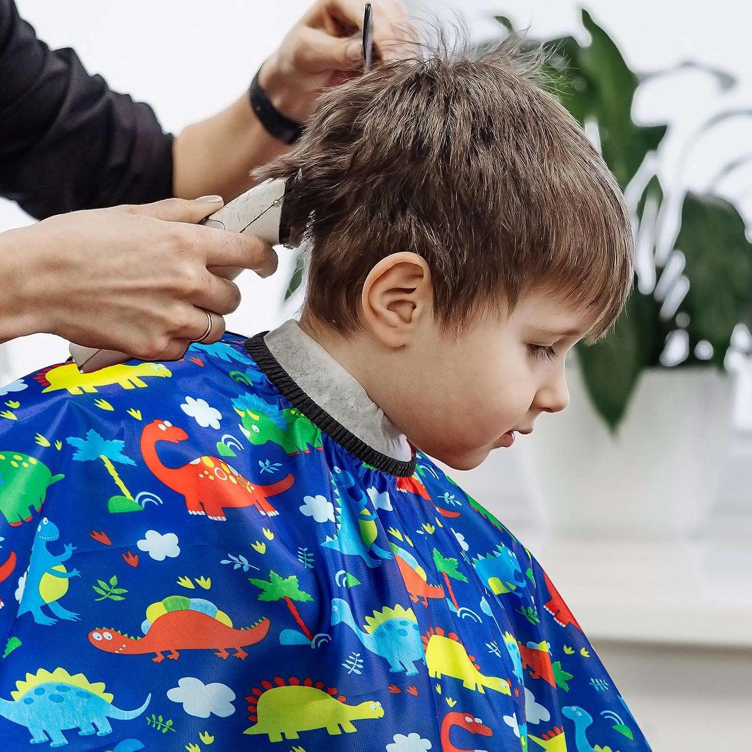 Gealaek Kids Haircut Cape and Neck Duster Brush Set with Dinosaur Pattern Kids Barber Cape 55x40 Inches for Boys & Girls Salon Cape Kit (Blue)