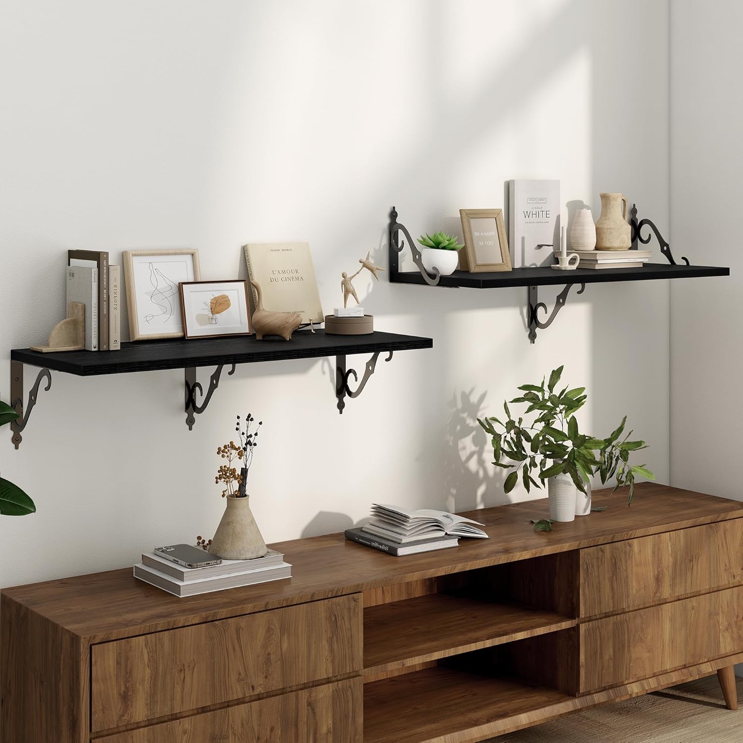 deep floating shelves for wall, 32"w x 12"d wall shelves, 12 inch deep floating shelf with bracket, 32 inch floating shelves set of 2, rustic shelves for living room, bathroom and kitchen, black 32"w x 12"d black