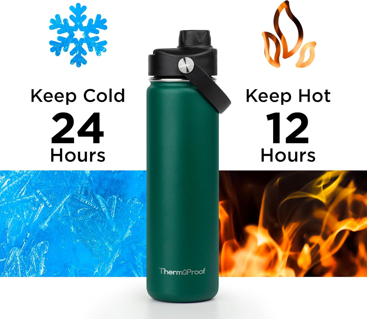ThermoProof Double-Walled Vacuum Insulated Stainless Steel Water Bottle - Wide Mouth with Chug & Spout Lids, Dishwasher Safe, Reusable, Leakproof, Hot & Cold for Men, Women - 22oz, Forest Green