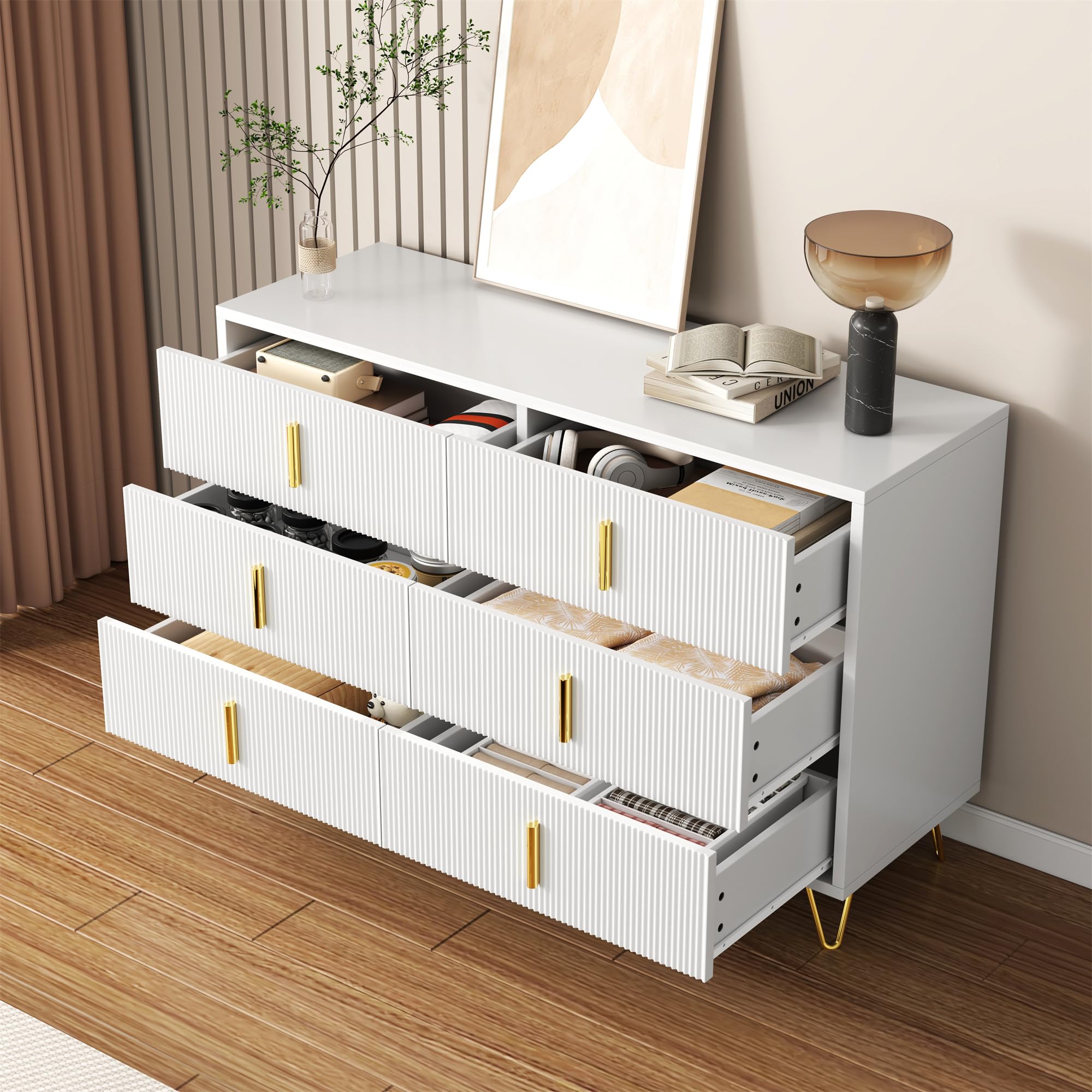 Elegante credenza dal design moderno, cassettiera e molto spazio, maniglie dorate (bianco+oro)