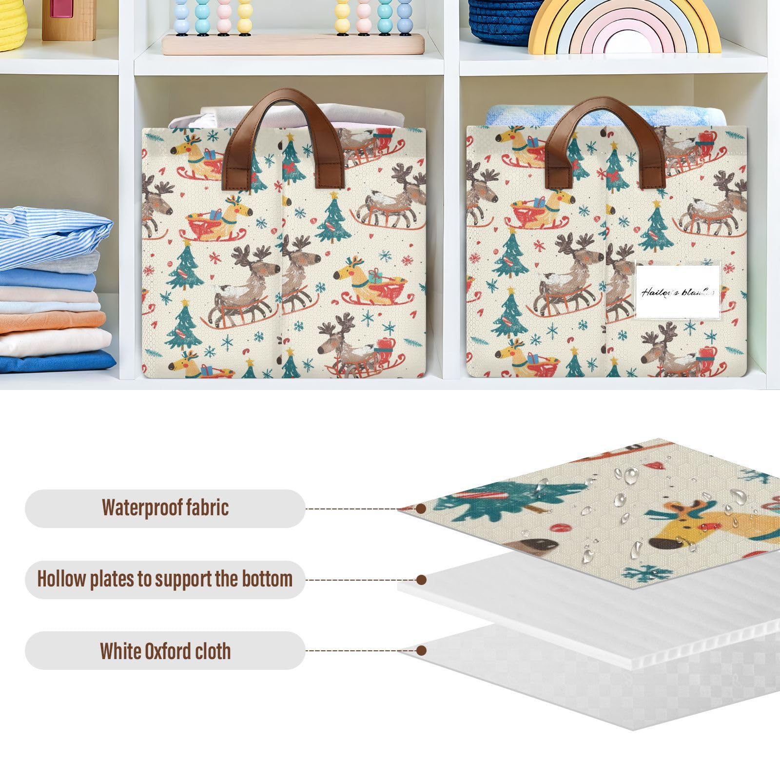 KLL Świąteczny łoś kreskówka uroczy kosz do przechowywania z uchwytami organizery domowe do sypialni, salonu, organizacji domu, 2 szt. cajas de almacenamiento para closet